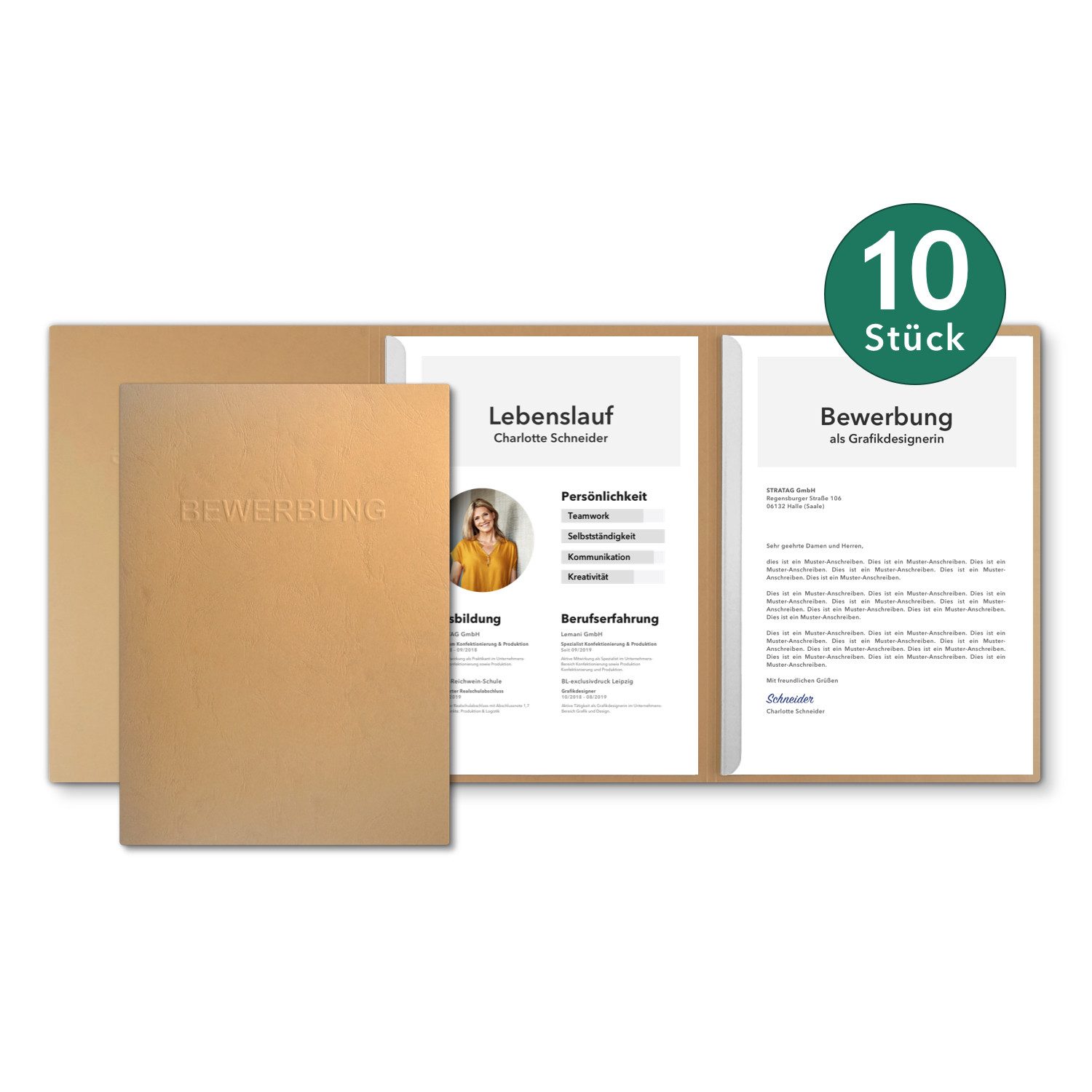 STRATAG Bewerbungsmappe 10 Stück 3-teilig mit 2 Klemmschienen in feinster Lederstruktur (Set, 10-St., mit hochwertiger Prägung BEWERBUNG), direkt vom Hersteller STRATAG - handgefertigt in Deutschland