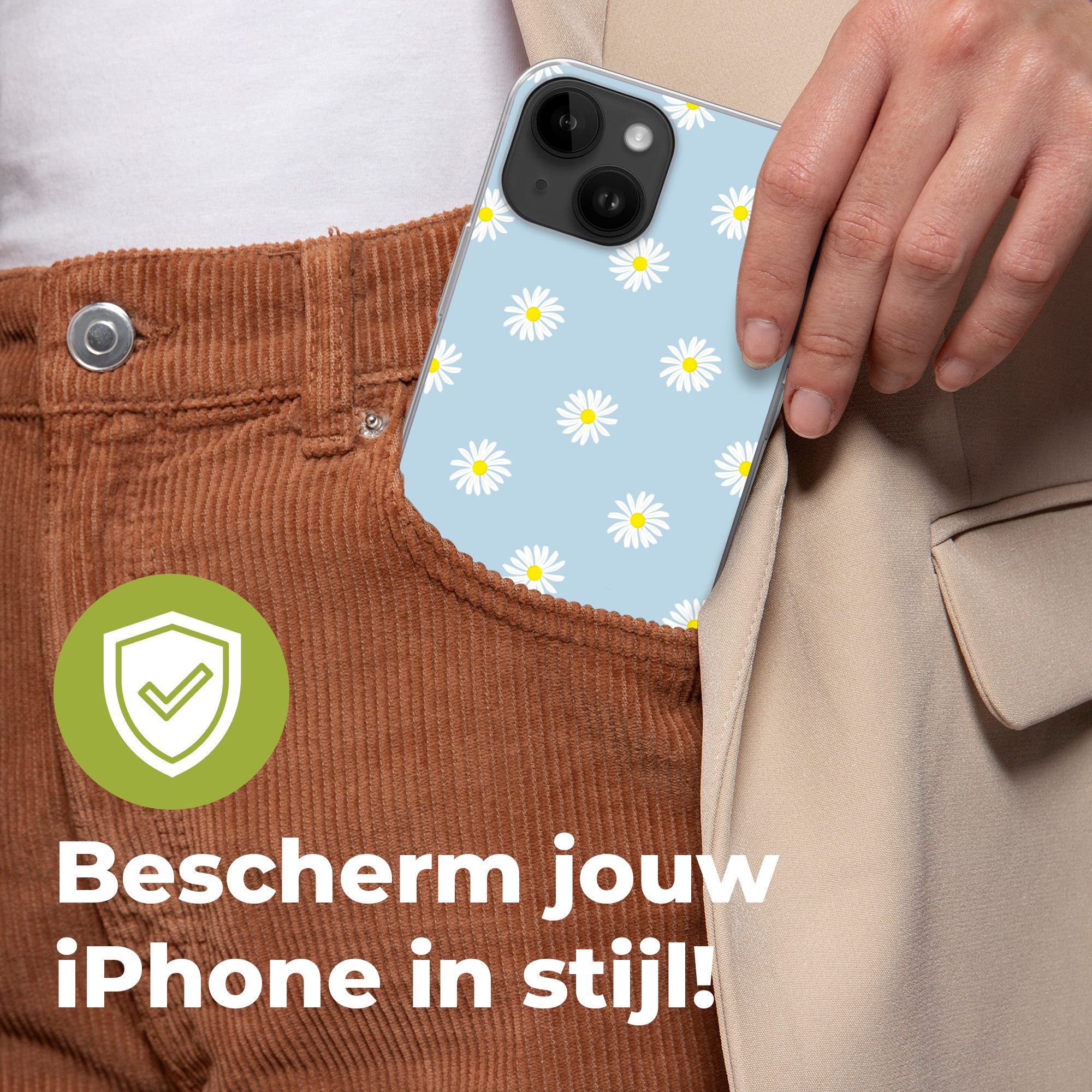MuchoWow Handyhülle für Apple iPhone 14 Gänseblümchen - Pastell - Weiß - Blau - Blumen, Smartphone-Bumper, Print, Handy Schutzhülle Dünn