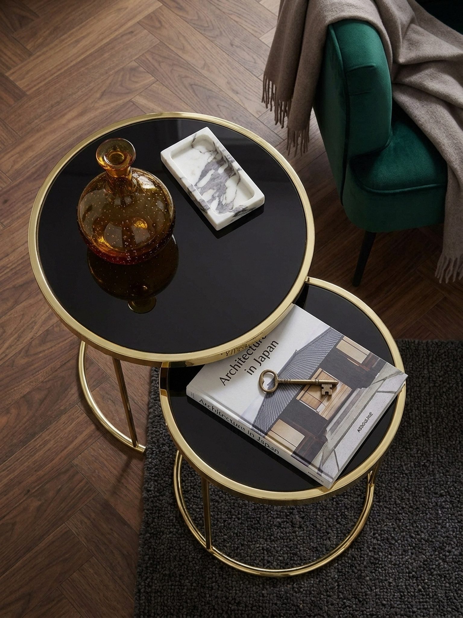 KADIMA DESIGN Satztisch Design Satztisch COMO Schwarz/Gold Beistelltisch Metall/Glas, (mit Glasplatte, Ablagetisch modern), Couchtisch Set aus 2 Tischen, Kleiner Wohnzimmertisch, Metalltisch