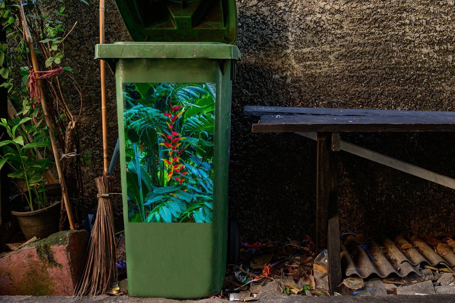 - Pflanzen Abfalbehälter Tropisch MuchoWow Sticker, Container, St), - Blumen Wandsticker Mülleimer-aufkleber, Mülltonne, (1