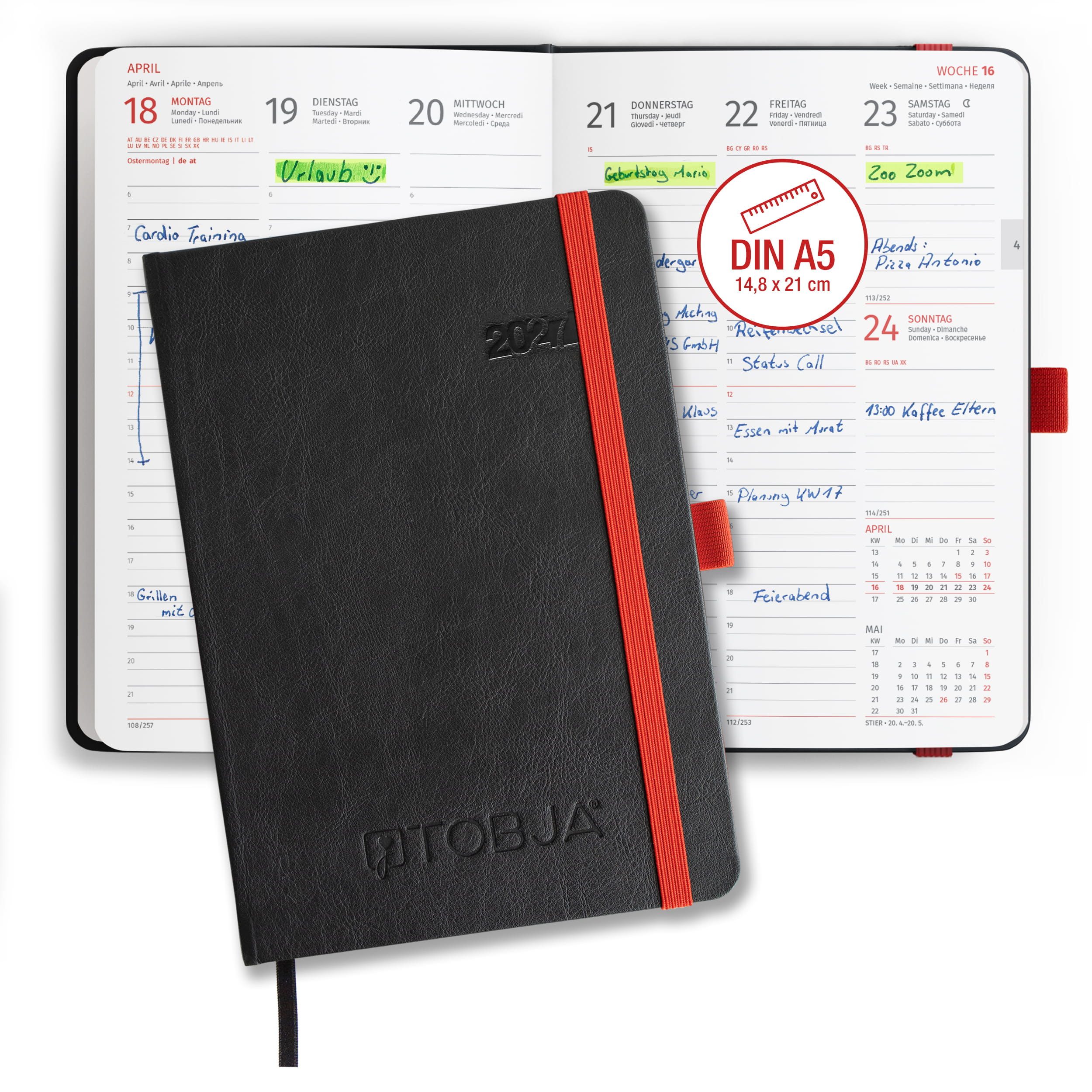 TOBJA Buchkalender Buchkalender 2027 A5 Nero Rot Hardcover Halbstunden 1 Woche 2 Seiten, Halbstunden-Taktung, FSC-Papier, Hardcover, mehrsprachig