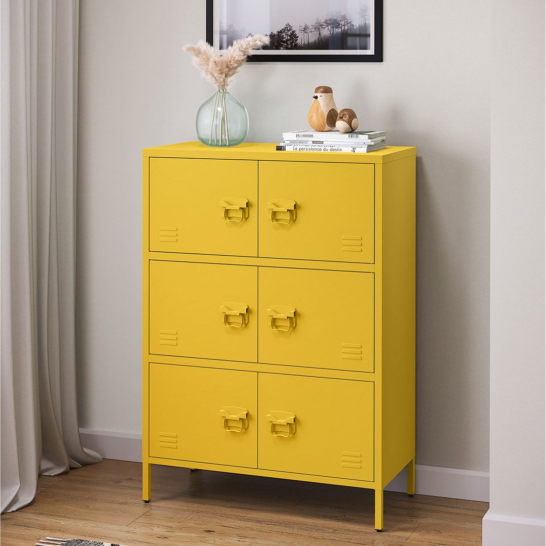 skølm Kommode Zandor (Sideboard mit 3 Fächern, 6 Türen), Wohnzimmerschrank Stahl, pulverbeschichtet, senfgelb