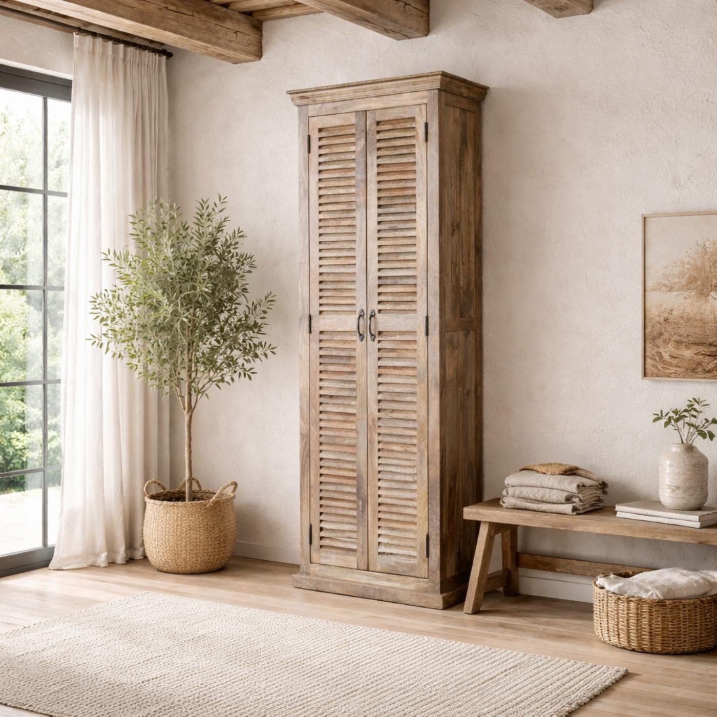 baario Schuhschrank Lamellenschrank MAREDA massiv Mangoholz Dielenschrank Landhaus Antik Design