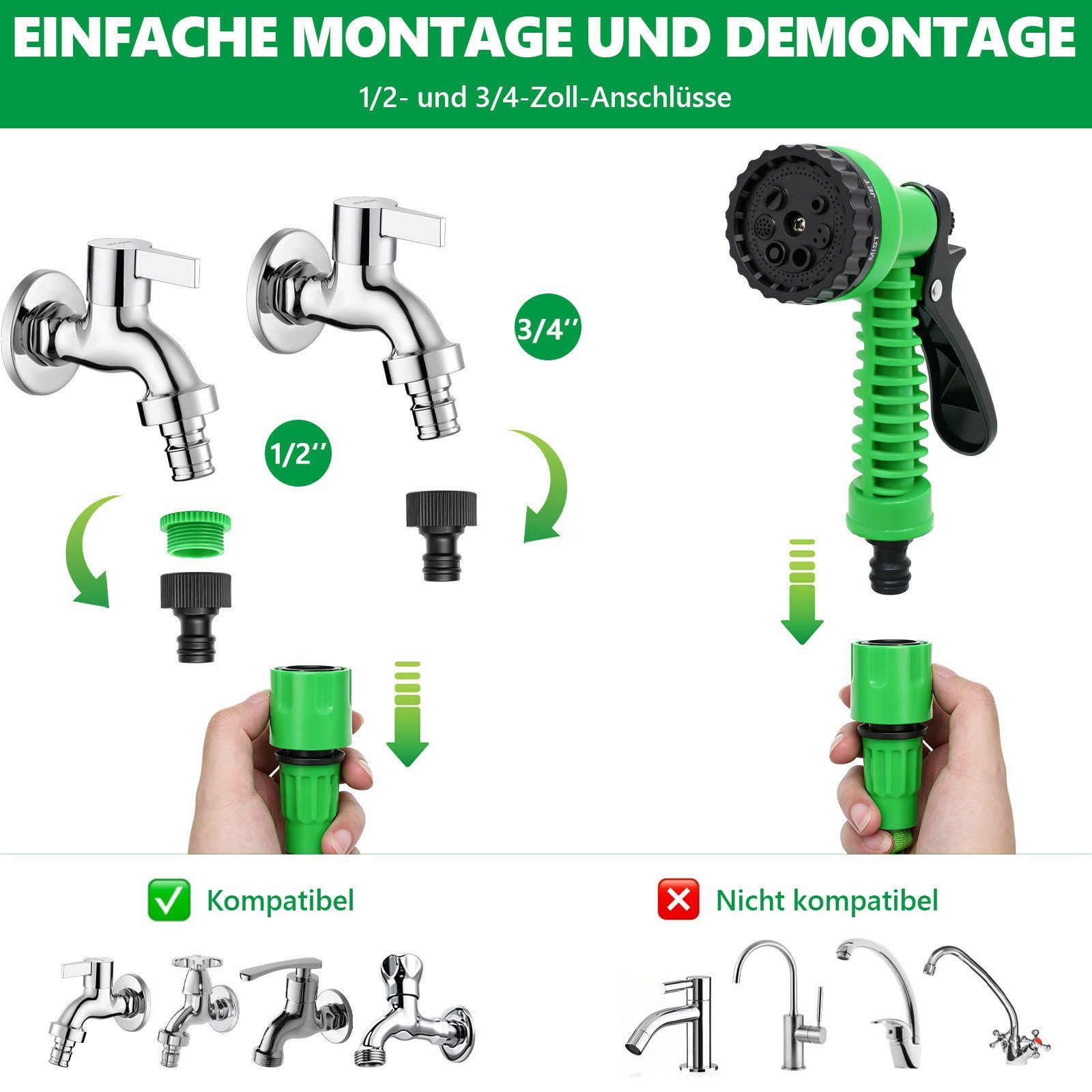 SunJas Gartenschlauch flexibel 15M Dehnbarer Wasserschlauch mit 7 Funktionen Sprühkopf, 1/2" & 3/4" Anschlüsse, Flexibler Schlauch für Garten Bewässerung & Auto – Bild 4 von 5