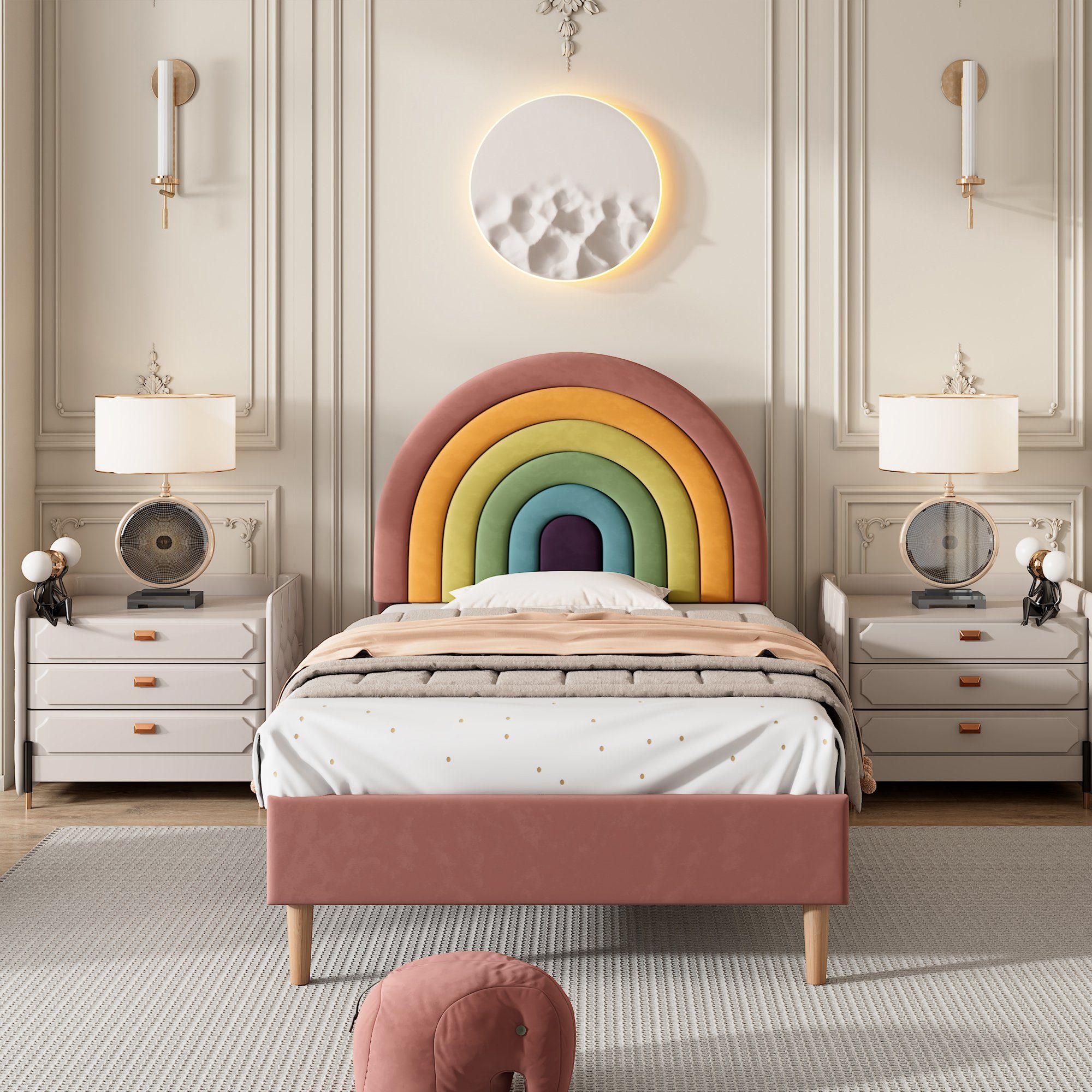 Ulife Kinderbett Polsterbett Jugendbett mit cm Kopfteil 90 200 höhenverstellbarem Regenbogen-Samt, Holzlattenunterstützung, Rosa x cm