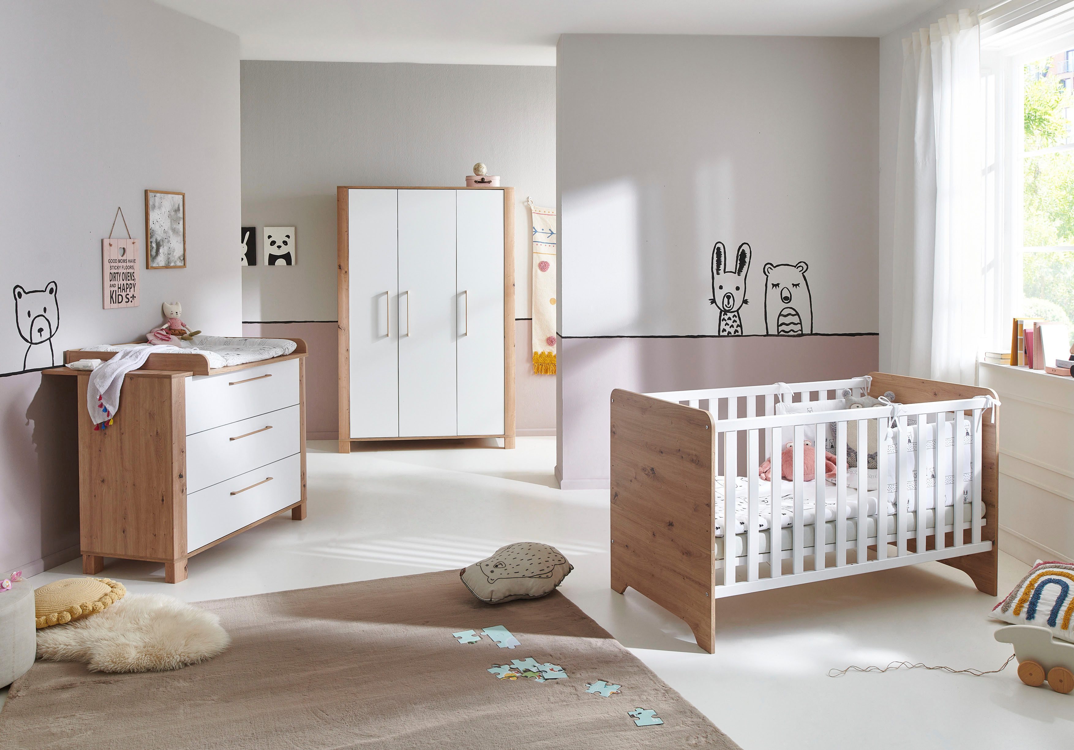 arthur berndt Babyzimmer-Komplettset Babyzimmer Set »Marlon« 3-teilig, (Set, 3-tlg., Kleiderschrank, Kinderbett und Wickelkommode)