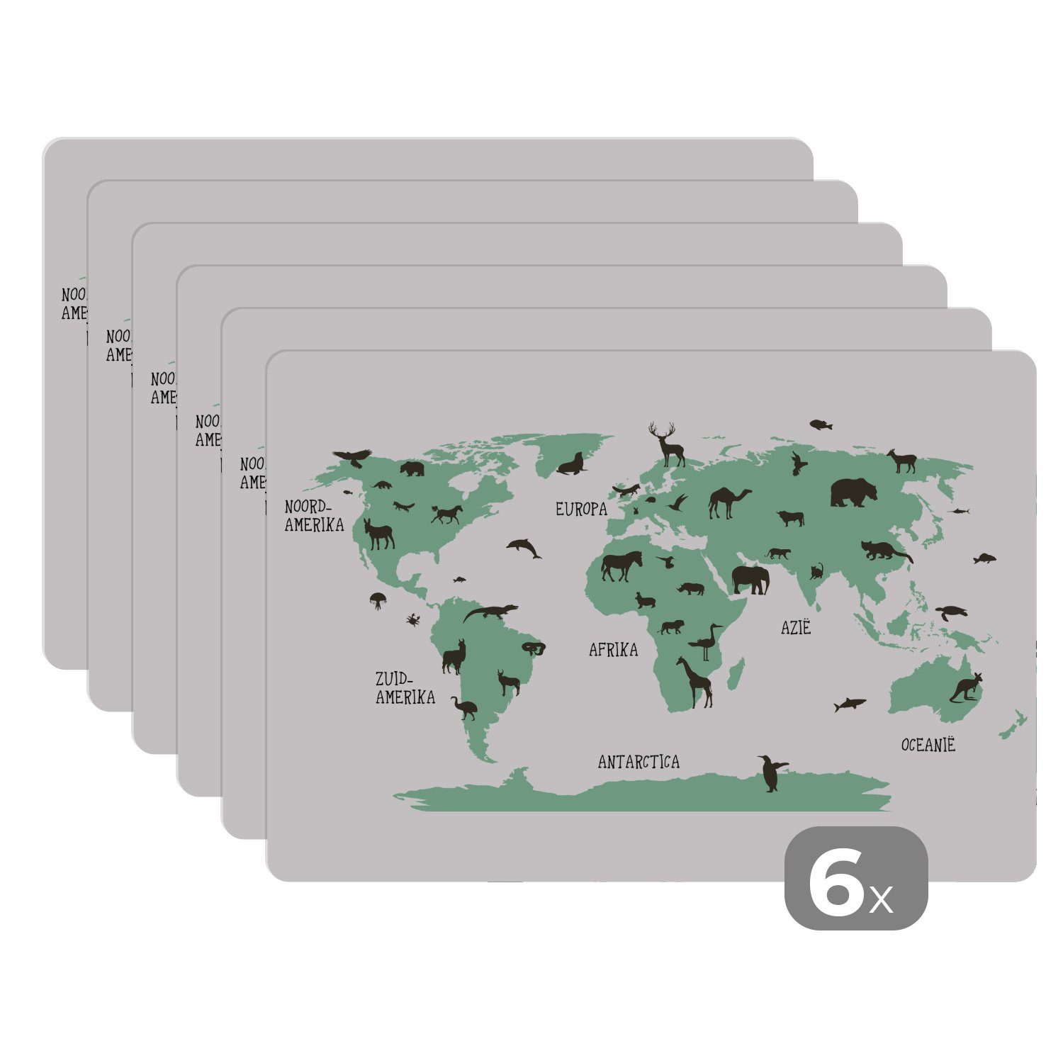 Platzset, Weltkarte Kinder - Tiere - Türkis, MuchoWow, (6-St), Platzset, Platzdecken, Platzmatte, Tischmatten, Schmutzabweisend