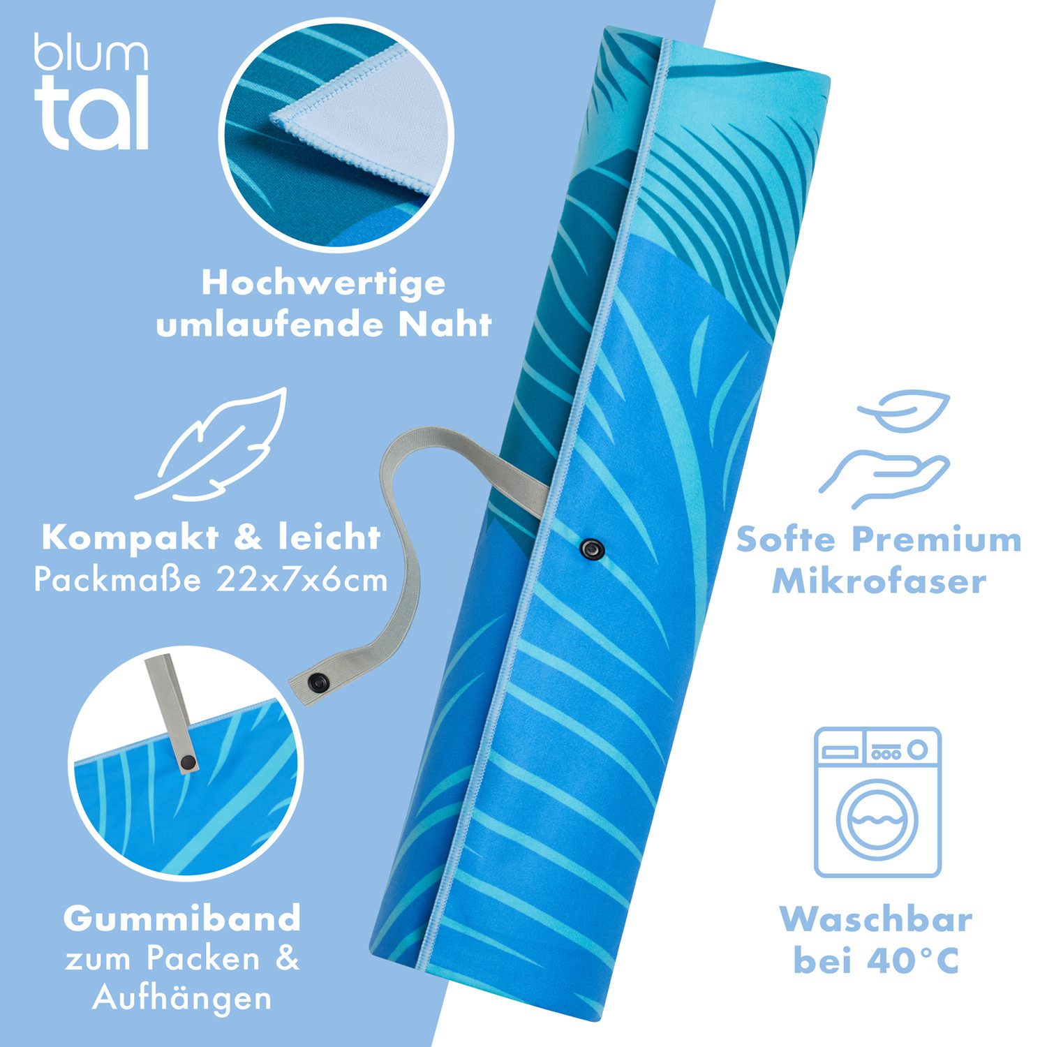 Blumtal Reisehandtuch Strandhandtuch 90x180 cm aus Mikrofaser - kompakt & schnelltrocknend, sandfrei mit Band - Mikrofaser Handtuch groß mit Wellen-Muster – Bild 3 von 5