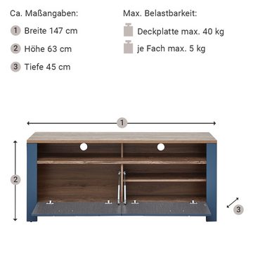 Lomadox Wohnwand DEVON-36, (3-St., 3-tlg), blau Landhaus mit Details in Eiche Nb., inkl. LED Beleuchtung