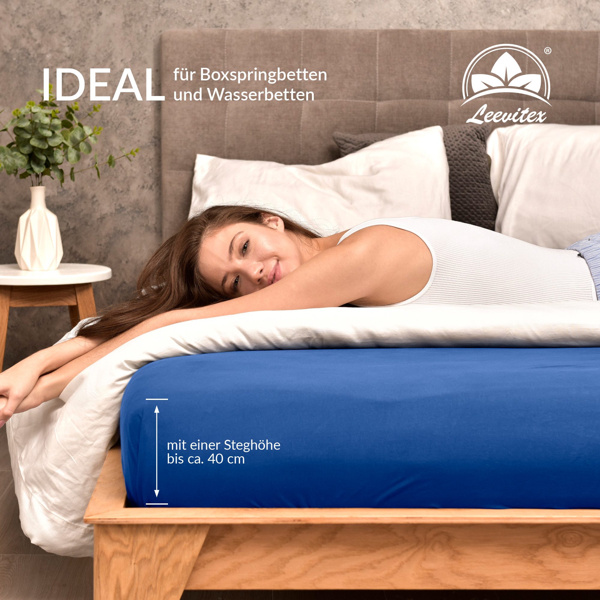 leevitex® Spannbettlaken 180x200 cm - 200x220 cm, Stoffgewicht 170 g/m², 40 cm Steghöhe, Jersey, Gummizug: rundum, (1 Stück), verschiedene Farben, OEKO-TEX® STA – Bild 4 von 5