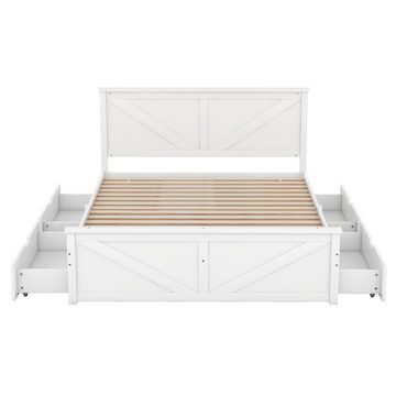 Fangqi Holzbett 160x200cm Einfaches Holzpritschenbett mit vier Schubladen, Grau (Stabiler Holzrahmen und Holzlatten), 2 Farben verfügbar