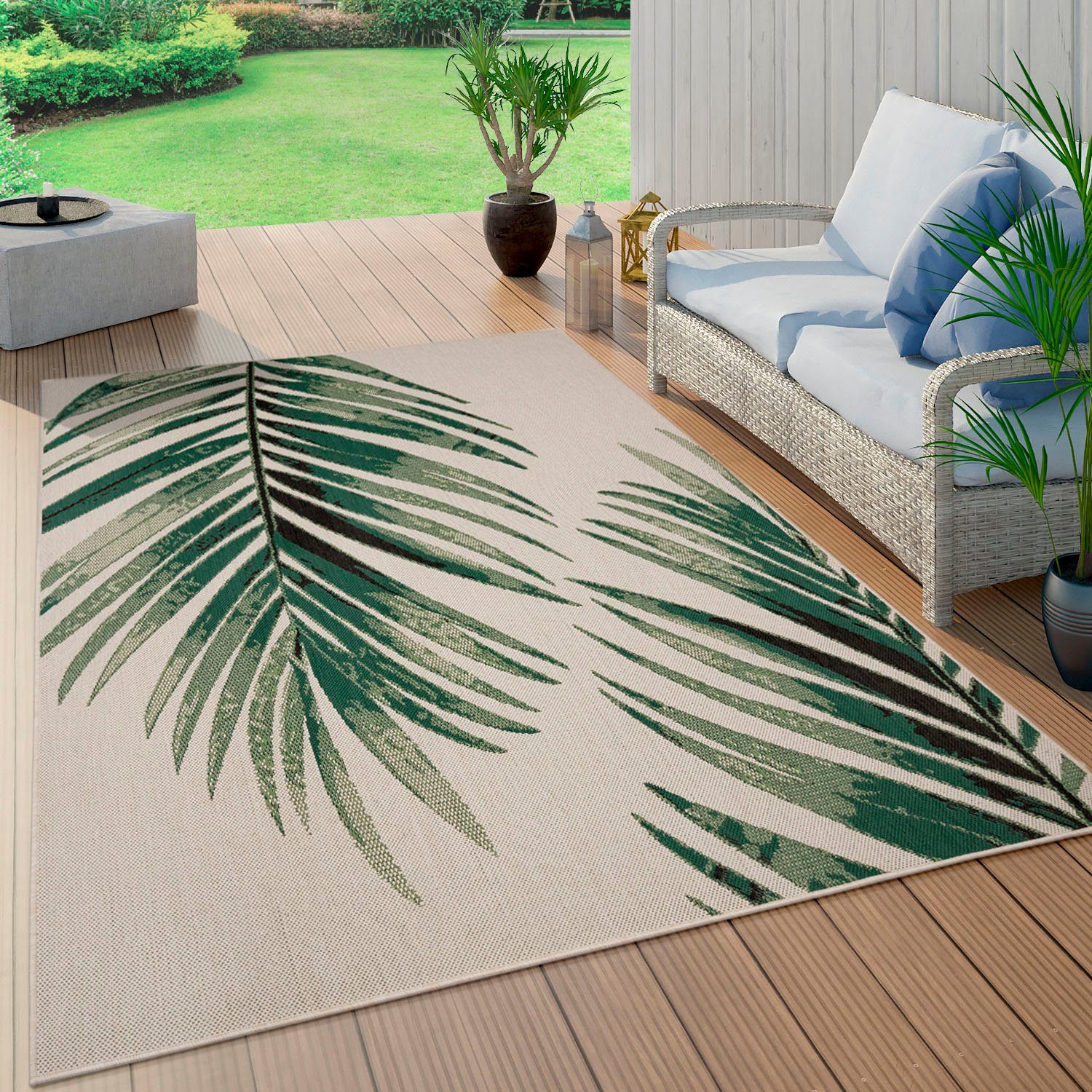 Motiv rechteckig, Flachgewebe, grün Outdoor Paco Ostende Palmenblätter, 4 Höhe: und mm, Home, In- geeignet, 554, Teppich Wohnzimmer