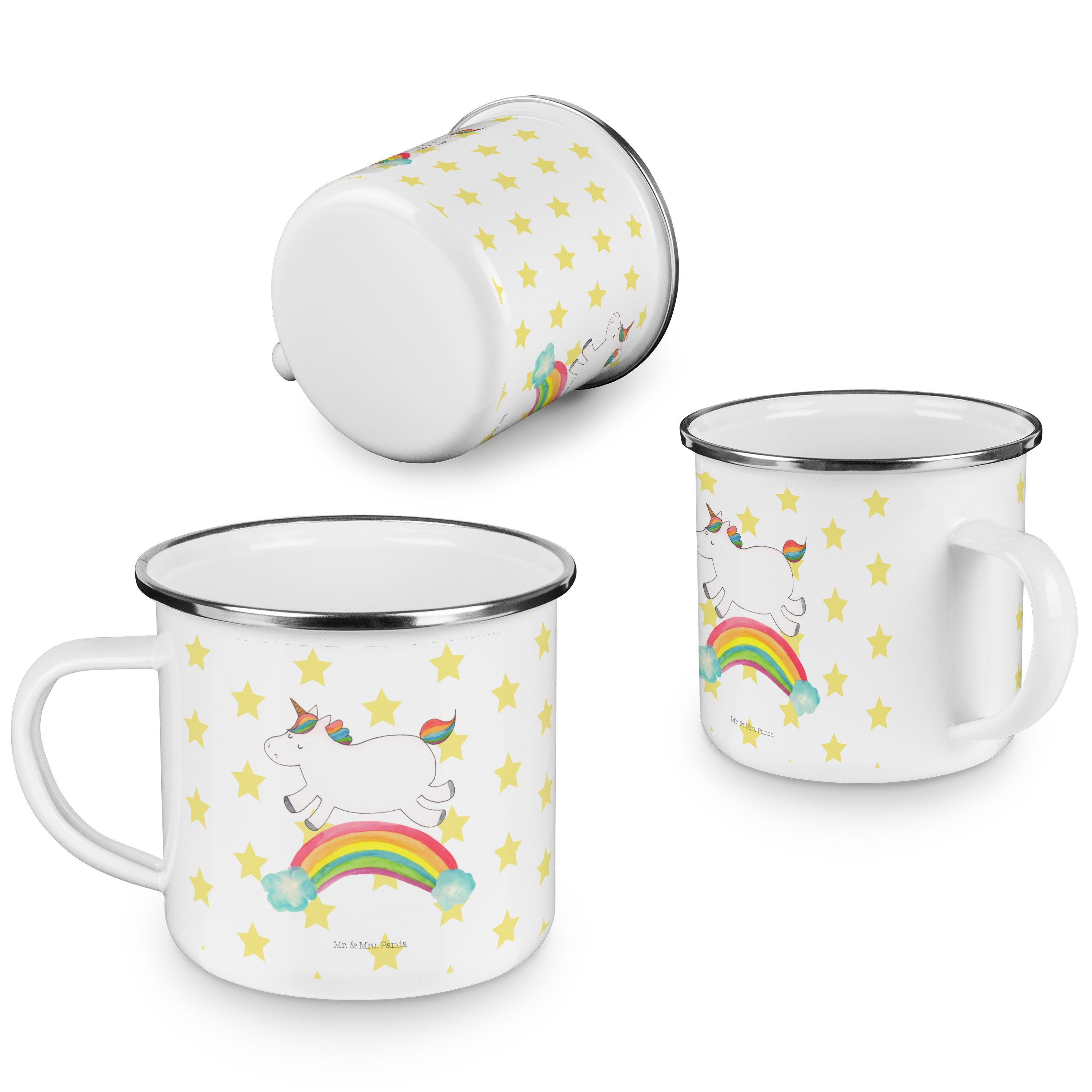 Trinkbecher, Edelstahl Emaille Einhorn Panda & Mrs. - Weiß Unicorn, Geschenk, Regenbogen Becher - Mr.