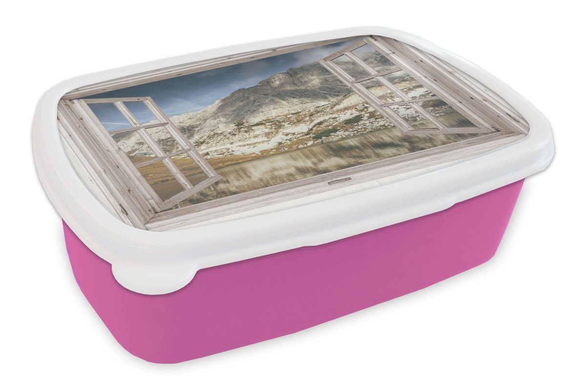 MuchoWow Lunchbox Aussicht - Wasser - Berge, Kunststoff, (2-tlg), Brotbox für Erwachsene, Brotdose Kinder, Snackbox, Mädchen, Kunststoff rosa