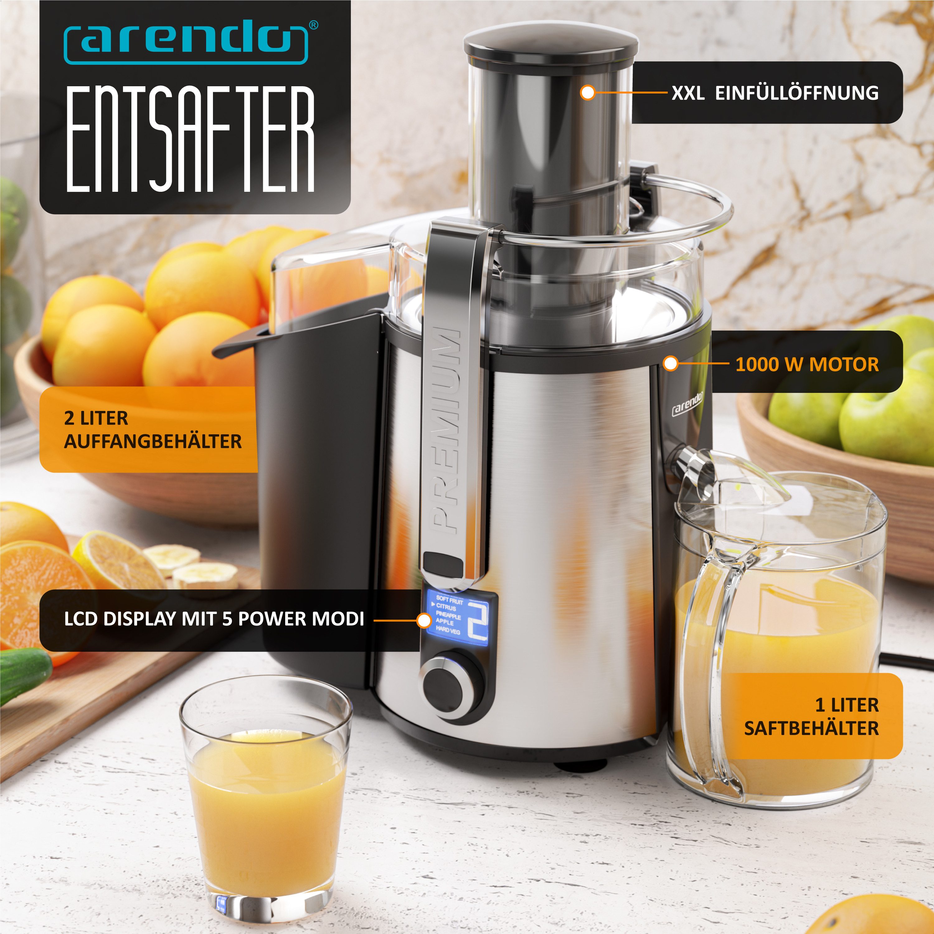 Arendo Zentrifugenentsafter Zentrifugaler Entsafter für Obst & Gemüse, Saftpresse, Zitruspresse, 1000 W, LCD-Display, 5 Stufen, 2L Tresterbehälter & Edelstahl-Design