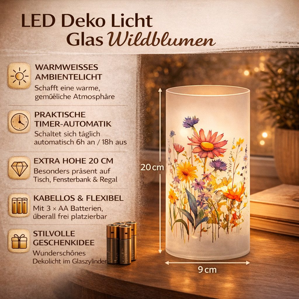 formano LED Dekolicht LED Deko Licht Wildblumen Zylinder Glas 20cm Blume Motiv Timer 6h/18h, LED fest integriert
