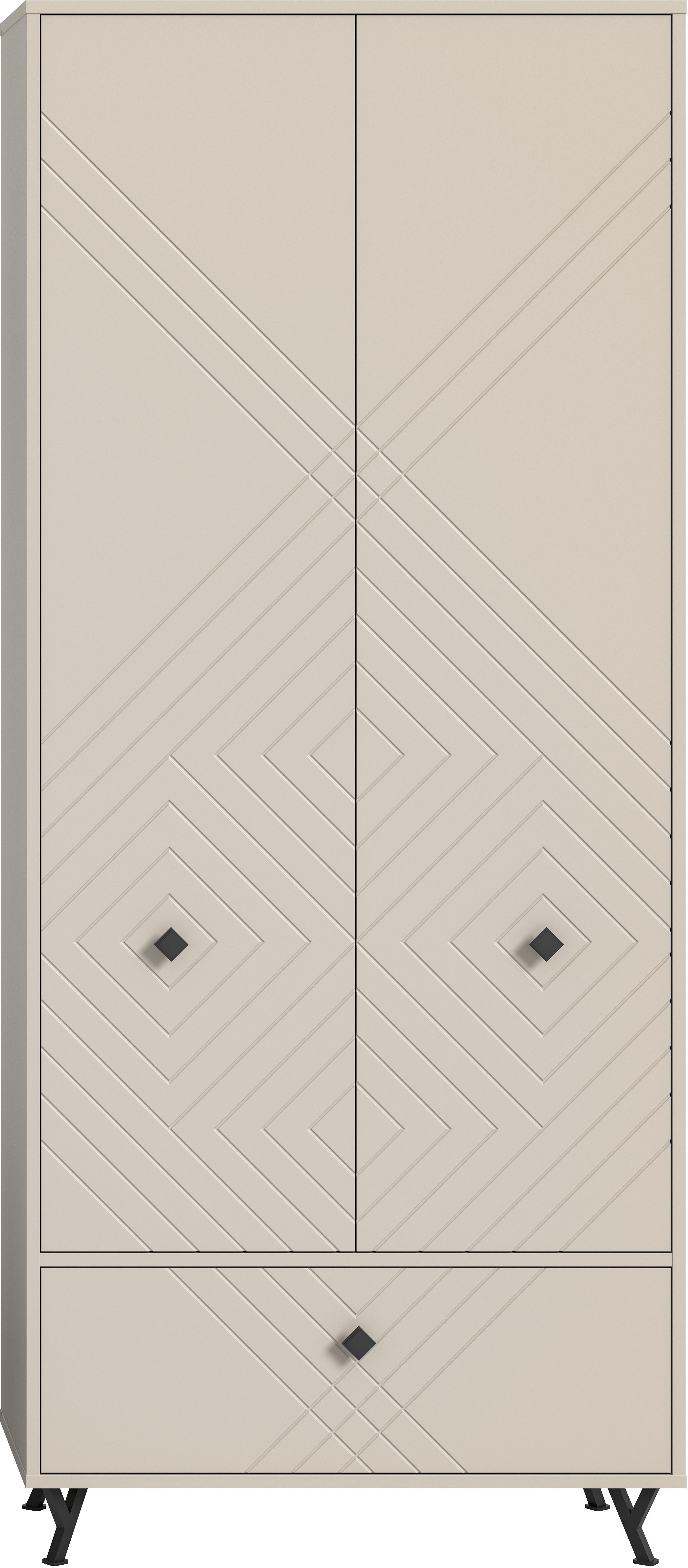 INOSIGN Garderobenschrank Mento, Höhe 190cm, 2 Türen, 1 Klappe, 4 Einlegeböden, 6 Fächer Metall Knopfgriffe & Y-Füße, Front mit Ornamentfräsung, Kleiderschrank