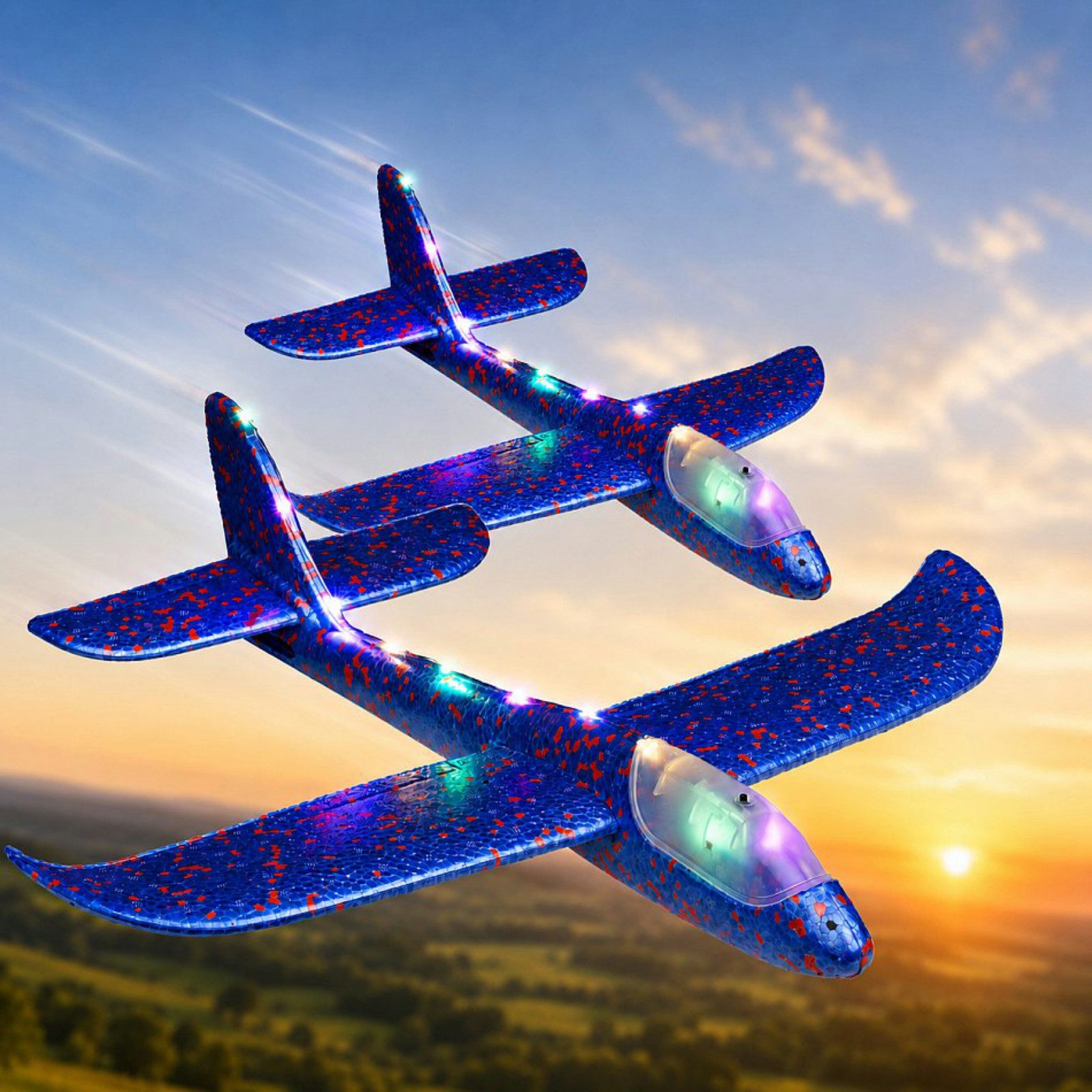 Haushalt International Spielzeug-Flugzeug Wurfflieger Segelflugzeug Spielzeug Schaumstoff 2er Set, (Set, 2-tlg., Packung), 47x49x12cm, Stecksystem, Blau, LED-Funktion