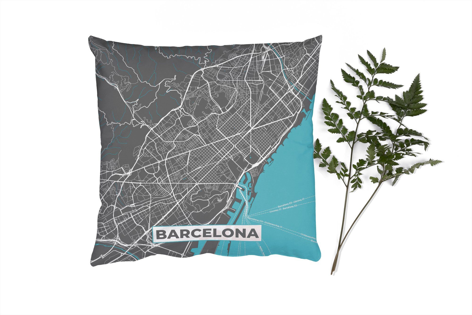 MuchoWow Dekokissen Barcelona - Blau - Karte - Stadtplan, Zierkissen mit Füllung für Wohzimmer, Schlafzimmer, Deko, Sofakissen