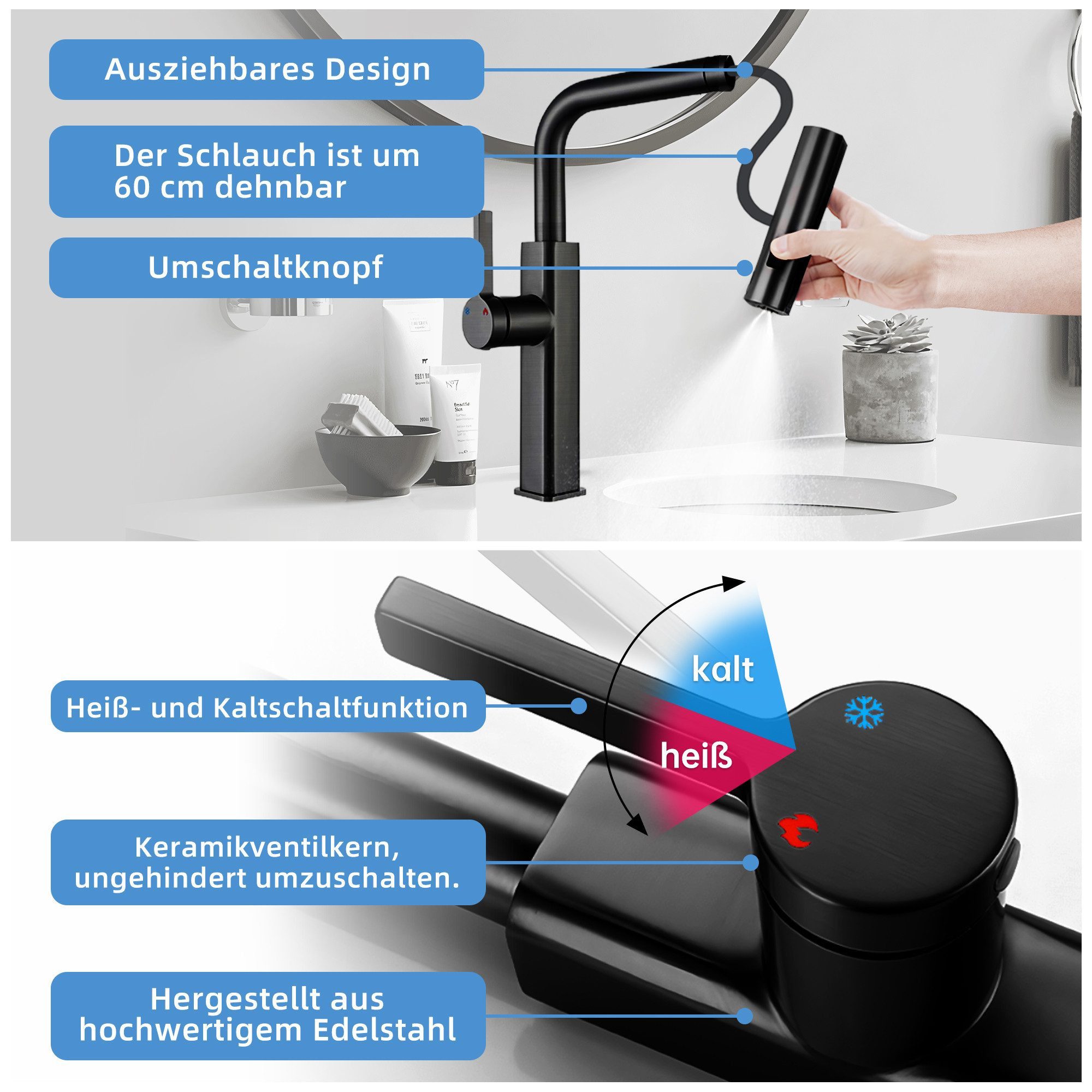 SEHAUSEU Küchenarmatur Wasserhahn Küche Bad Spültischarmatur ausziehbar 3 Strahlarten Hochdruckarmatur – Bild 5 von 5