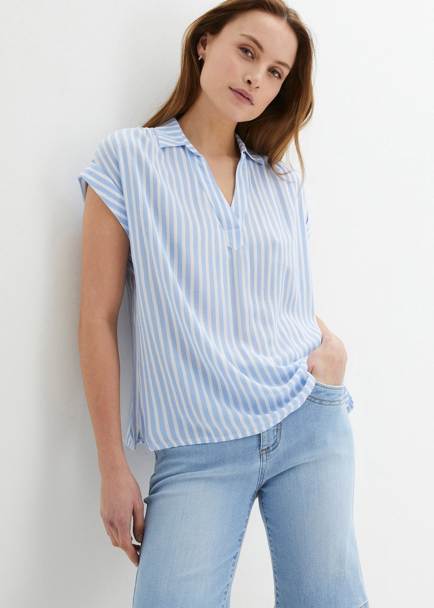 bonprix Kurzarmbluse mit Hemdkragen und V-Ausschnitt, Streifenlook günstig online kaufen