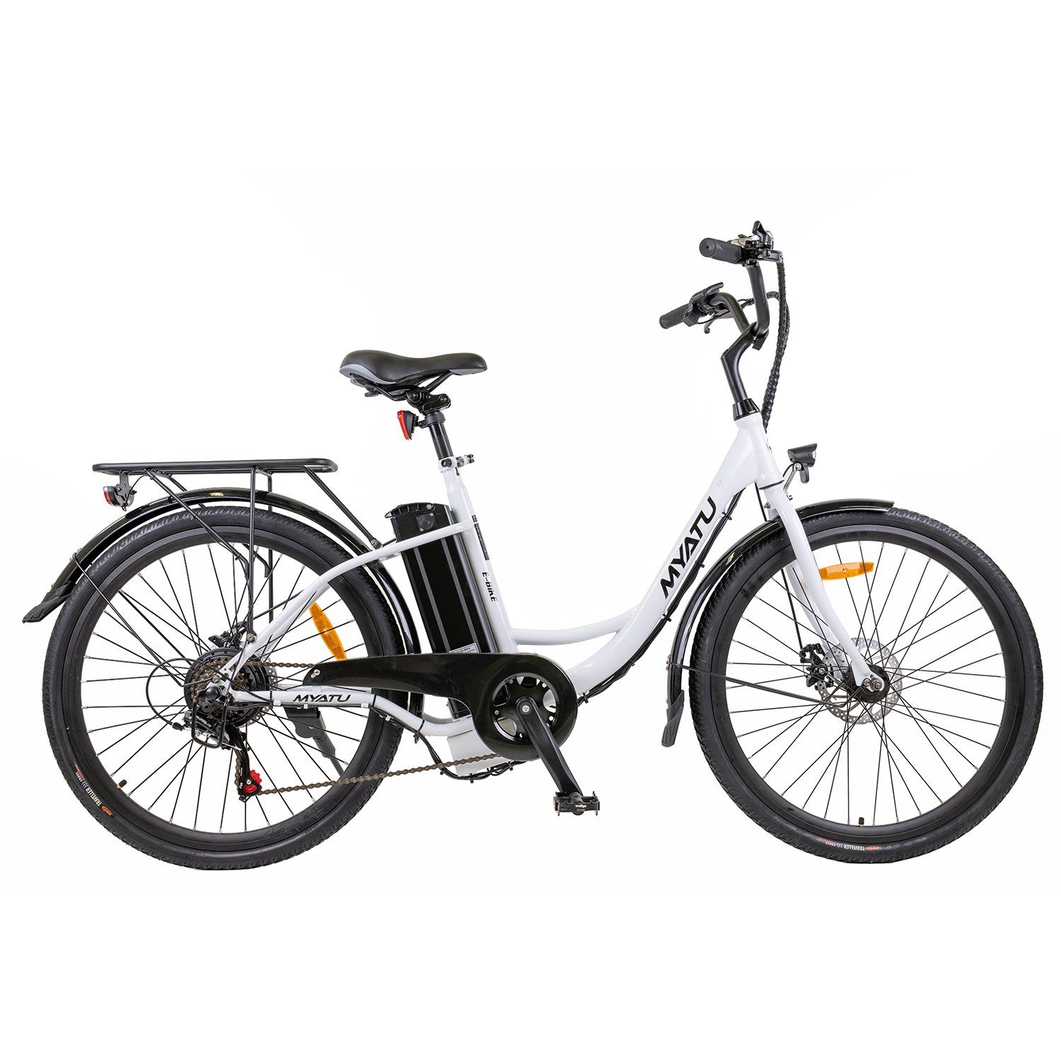 Myatu E-Bike Citybike Tiefeinstieg 26 Zoll Damen 360Wh 10 Ah, 6 Gang Shimano, Kettenschaltung, Heckmotor, 360,00 Wh Akku, großer Akku Weiß
