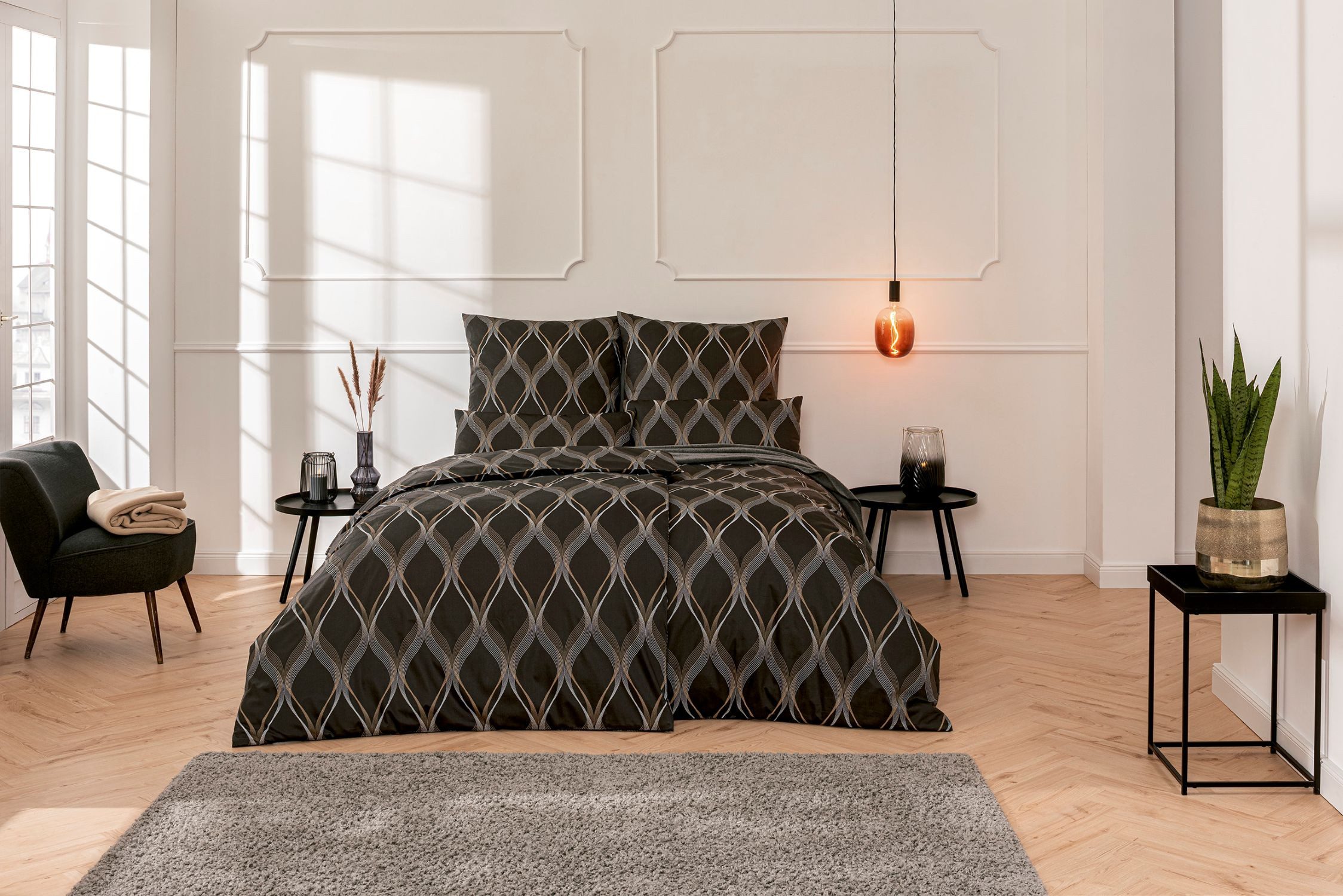 Estella Постельное белье Estella Mako-Satin Постельное белье 135x200 Lyanna graphit braun Wellen, Mako-Satin, 2 teilig, für Sommer und Winter