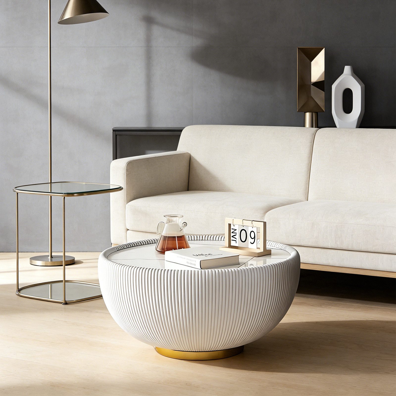 PEALOV Couchtisch mit Keramikplatte und geriffelter Basis, Ø 65 × H 36 cm (1-St), Runder moderner Wohnzimmertisch für Wohnzimmer, Balkon & Büro