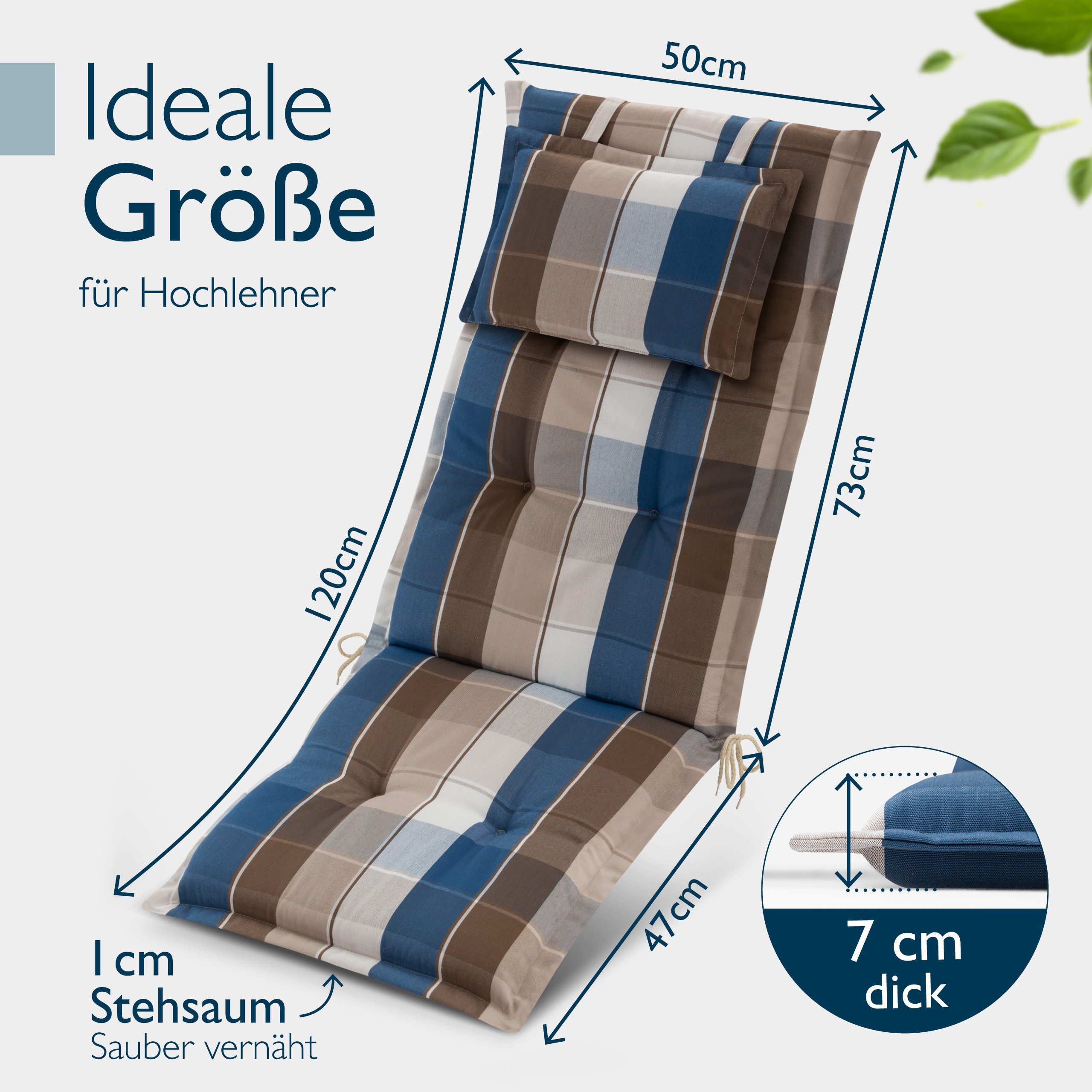 Beautissu Hochlehnerauflage 8x Premium Hochlehnerauflage 120x50x7cm, Braun-Blau-Kariert, Gartenstuhlauflage Hochlehner - Robuster Stoff & UV-Lichtechtheit
