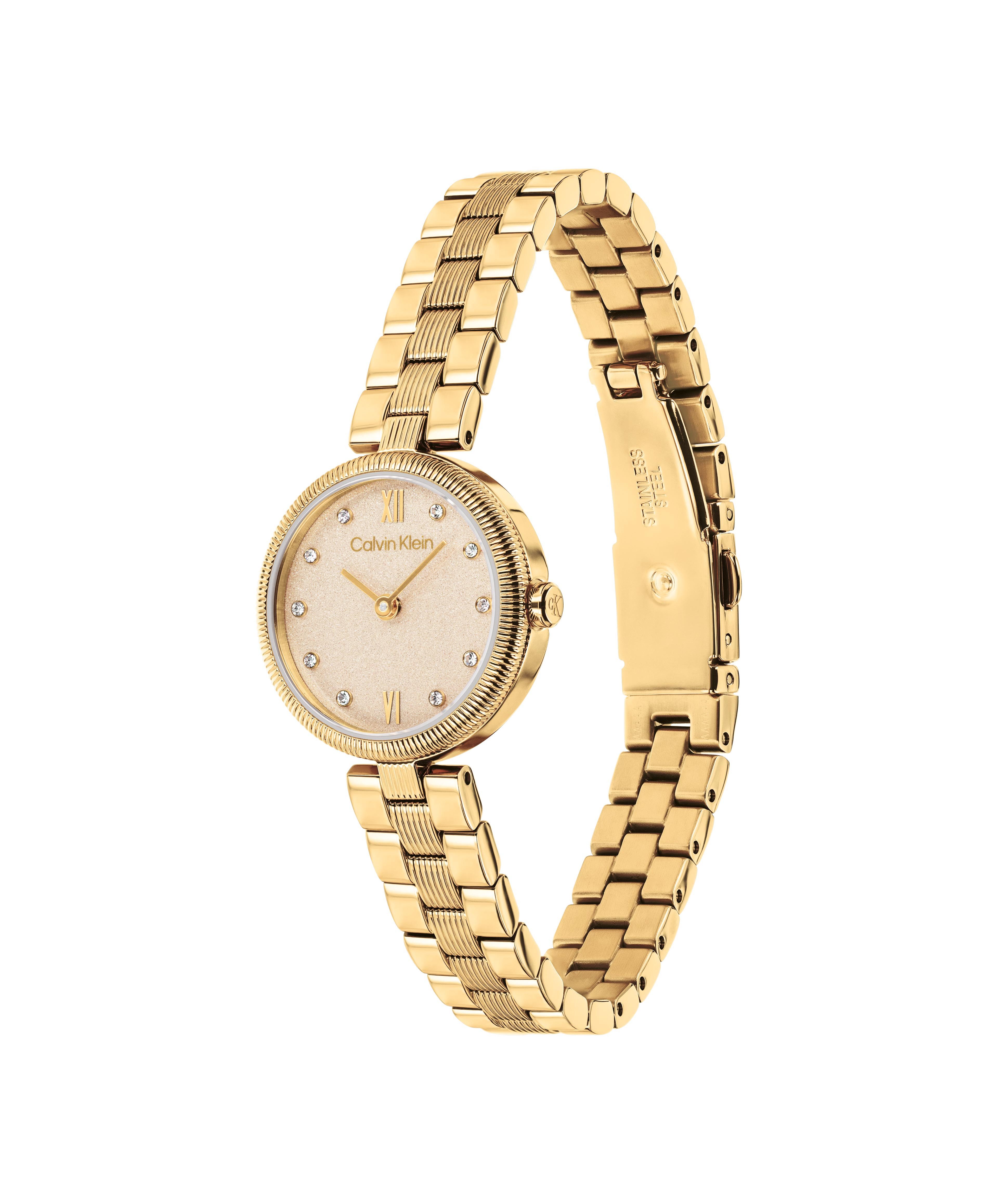 Calvin Klein Quarzuhr GLEAM 25100225, Armbanduhr, Damenuhr, Edelstahlarmband, analog, Glaskristalle