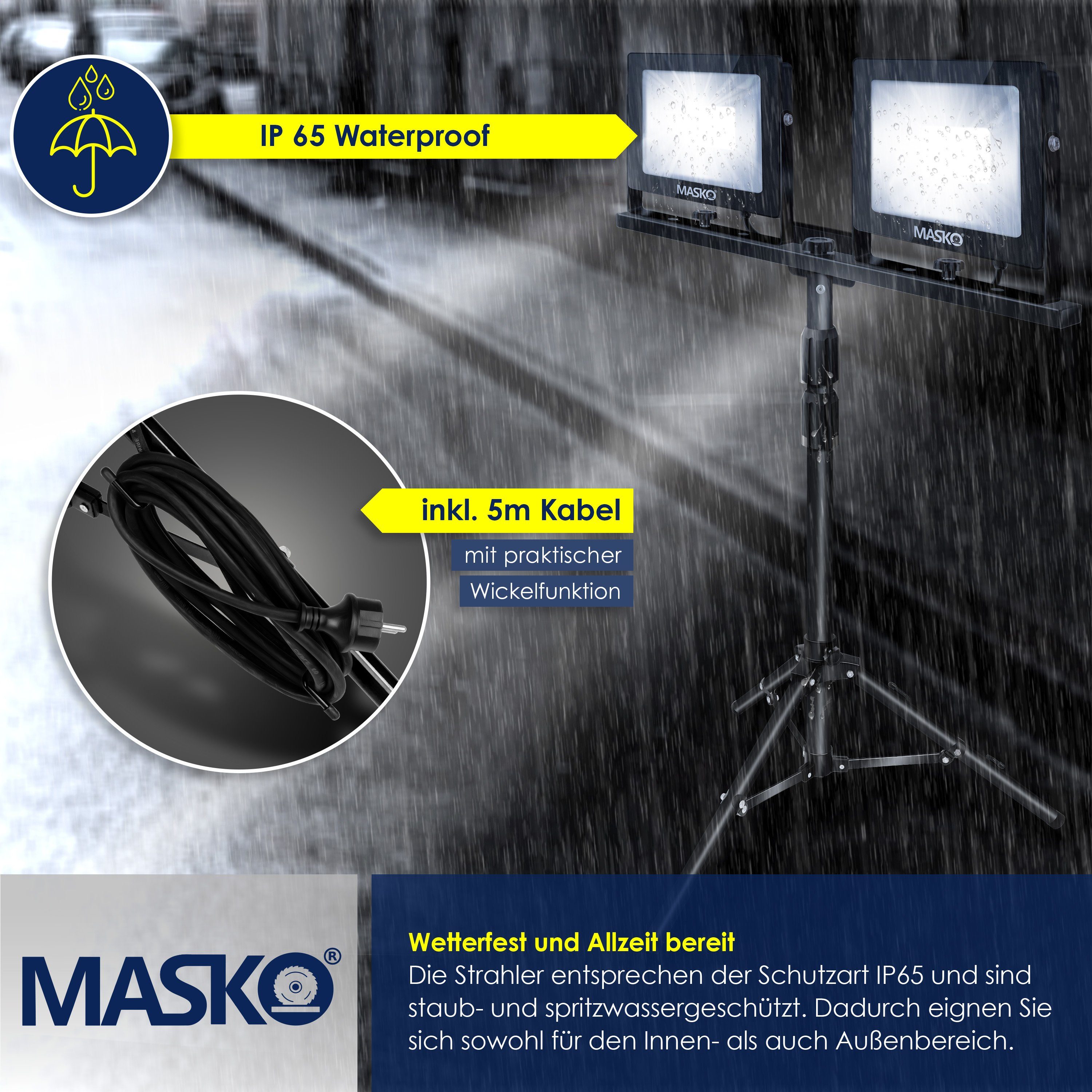 MASKO LED Baustrahler, 2x fest 50W Stativ schwarz Baustrahler Doppel LED Fernbedienung integriert, 100W LED mit