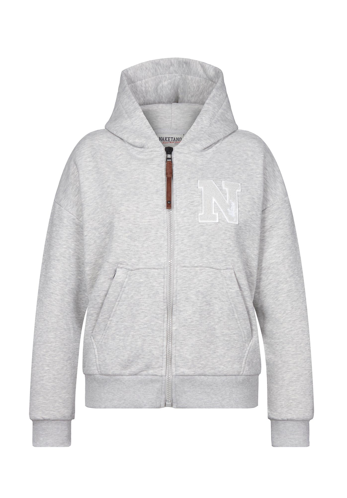 naketano Sweatjacke Oversize Damen mit Kapuze, melierte Sweatware, Reißverschluss, weich kuschelig, Kunstleder-Logo, casual, Streetwear, weich, Langarm