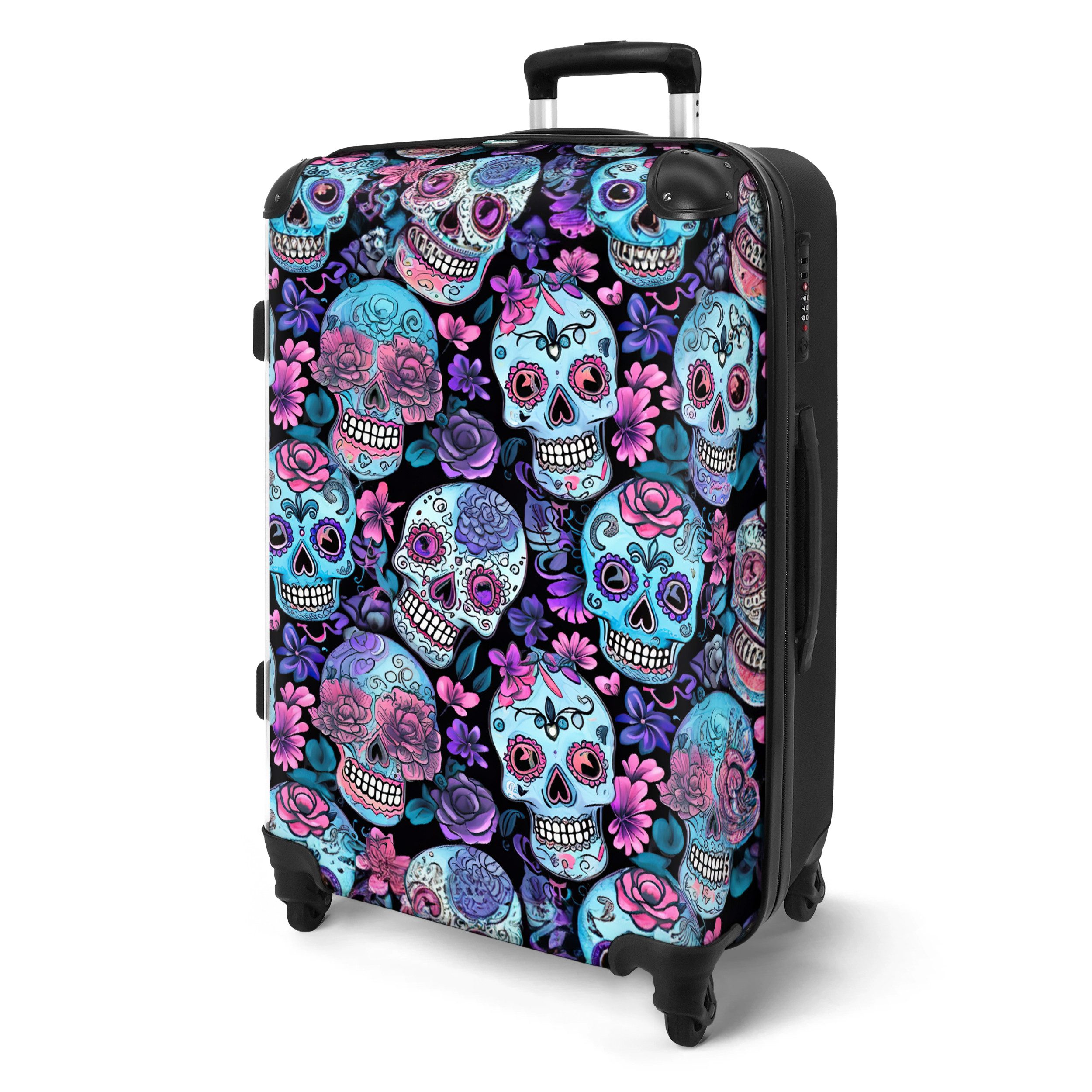 NoBoringSuitcases.com© Hartschalen-Trolley Totenkopf - Rosen - günstig online kaufen