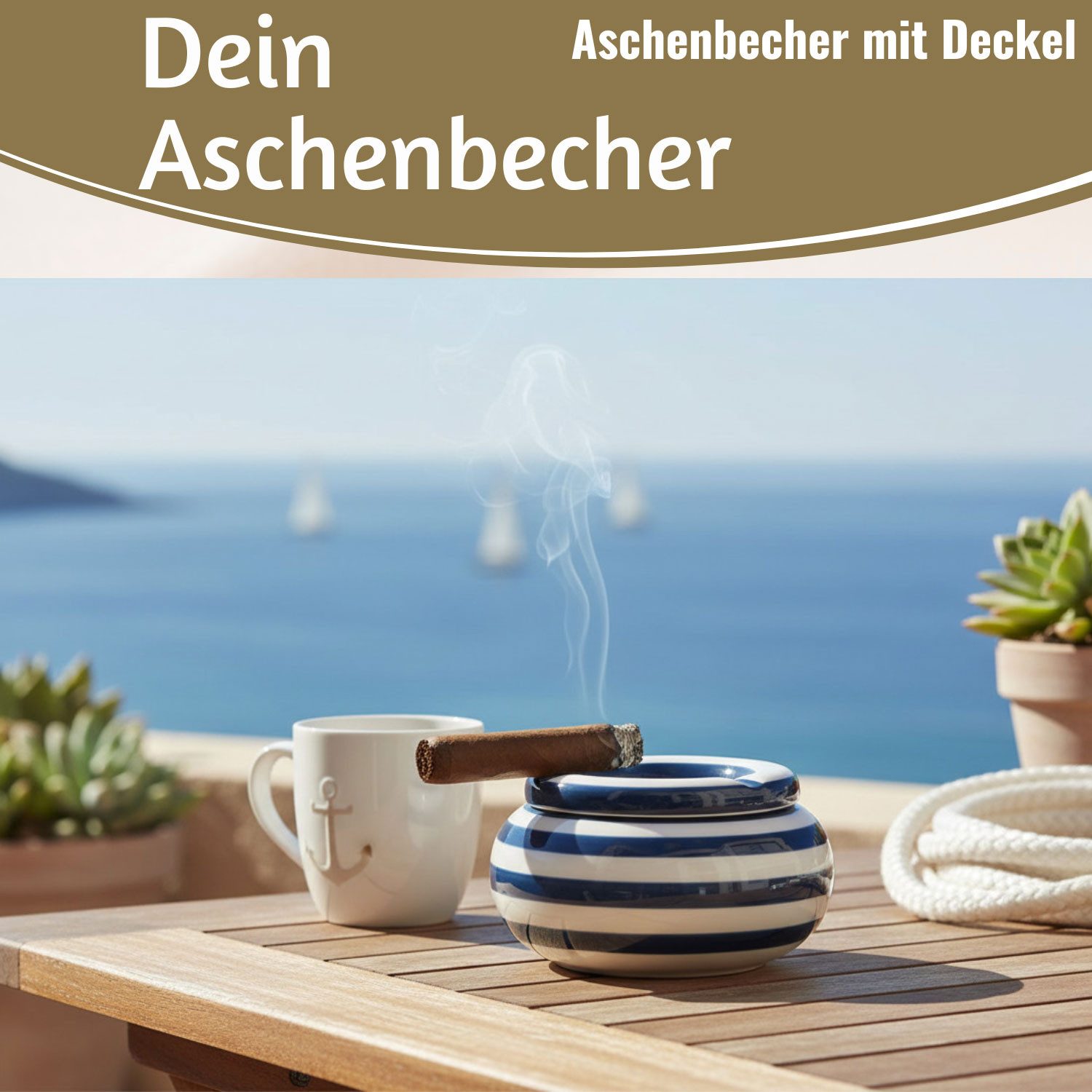 LS-LebenStil Aschenbecher XL Sturmaschenbecher 14x9cm Blau Weiß Windaschenbecher, Windaschenbecher Ashtray Tischaschenbecher Garten Balkon Deko