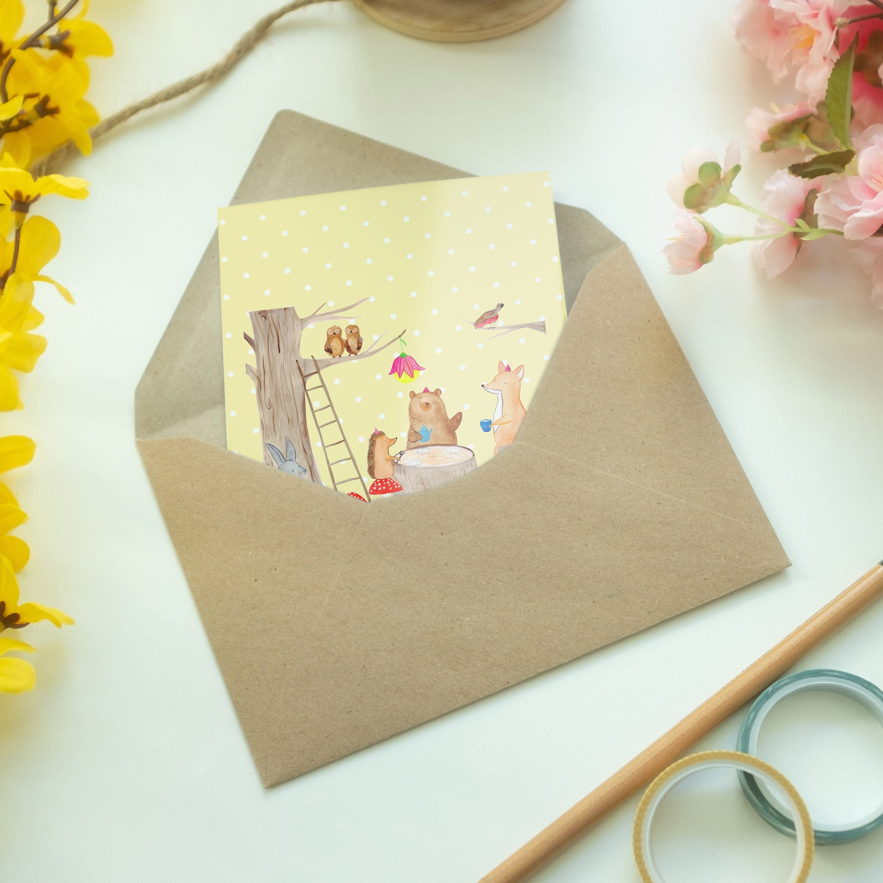 Mr. & Mrs. Grußkarte Pastell Geschenk, Waldtiere - Einlad Gelb Sprüche, lustige Picknick Panda 