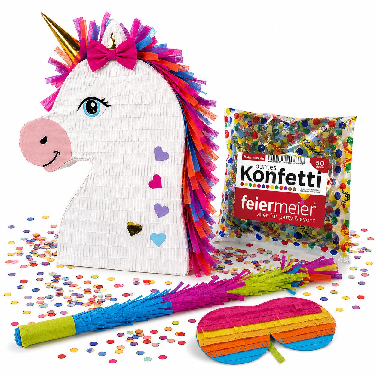 feiermeier Pinata Pinata-Set, 4-tlg. mit Augenmaske, Schlagstock un
