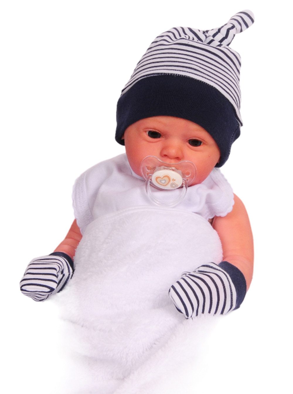 La Bortini Erstlingsmütze Mütze und Kratzhandschuhe Baby Set Knotenmütze Fäustlinge aus Baumwolle, gestreift, 32 34 36 38 40 42