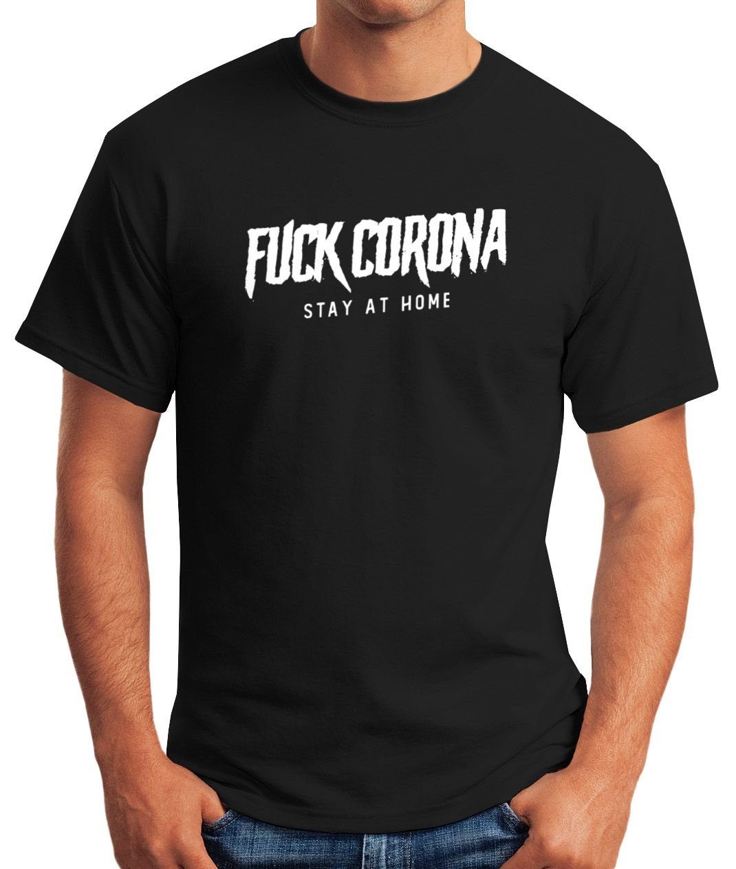 curve Herren Print-Shirt Print Appell Statement home Flatten Botschaft at T-Shirt Corona Aufruf the mit Moonworks® stay MoonWorks Fuck