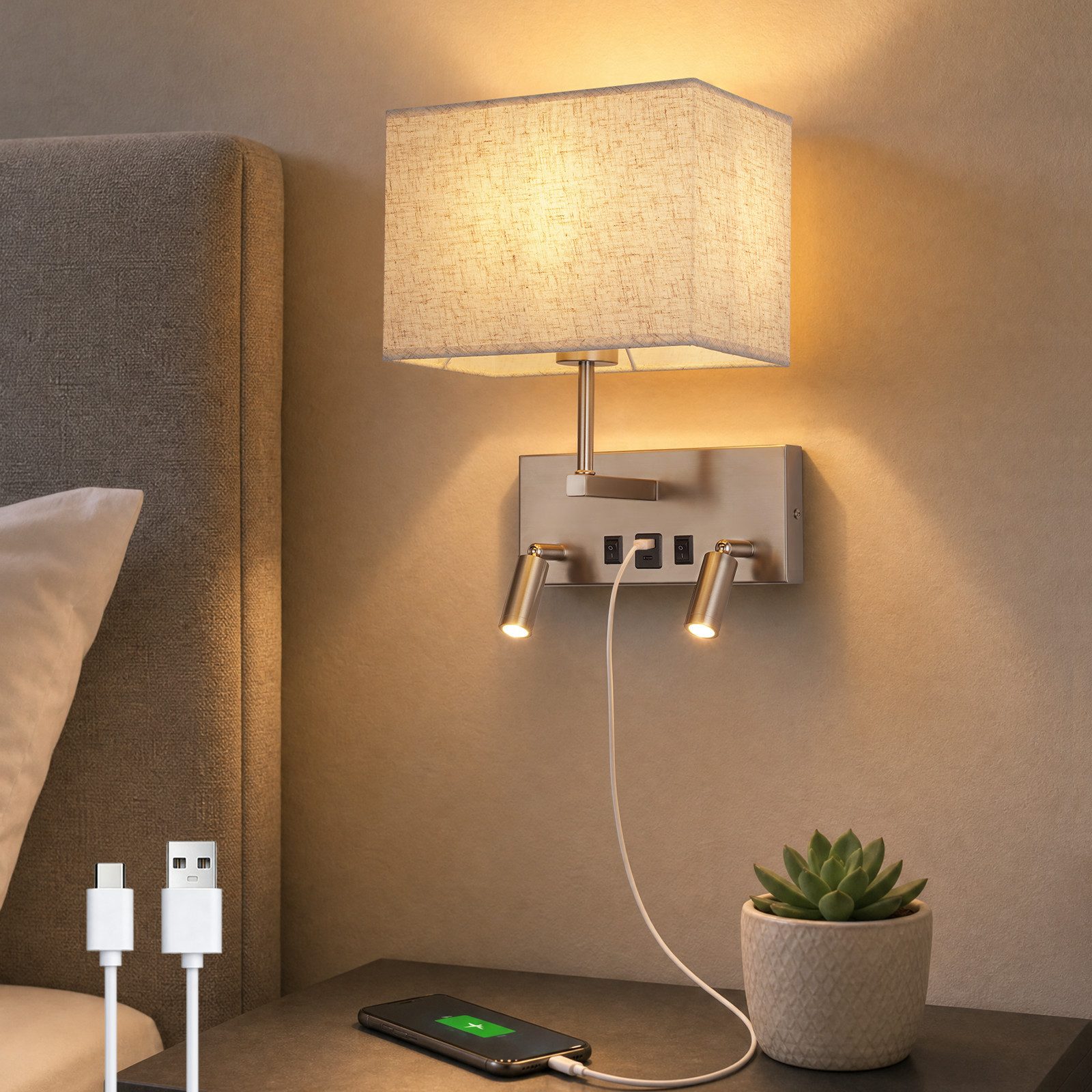 Nettlife Wandleuchte innen Schalter Moderne Wandlampe E27 Stoffschirm, ohne Leuchtmittel, USB-A&USB-C Ladefunktion zwei 360° schwenkbare LED-Lesearme