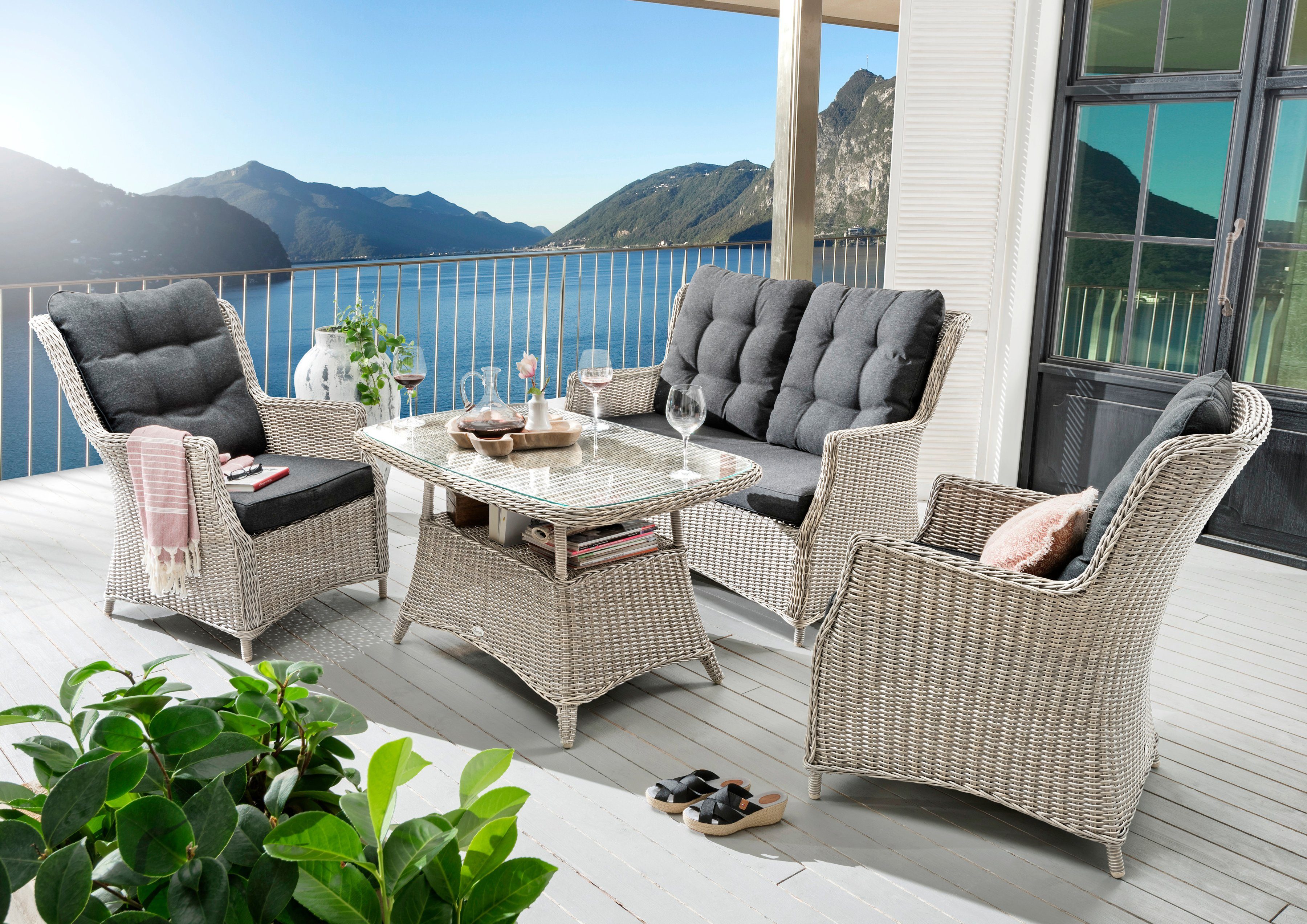 [Neue Produkte sind günstig] Destiny Garten-Essgruppe CASA, (Set, 13-tlg), Polyrattan, Tisch 1 Weiß Sofa und 2 Vintage cm 120x70x65 Sessel, 2er