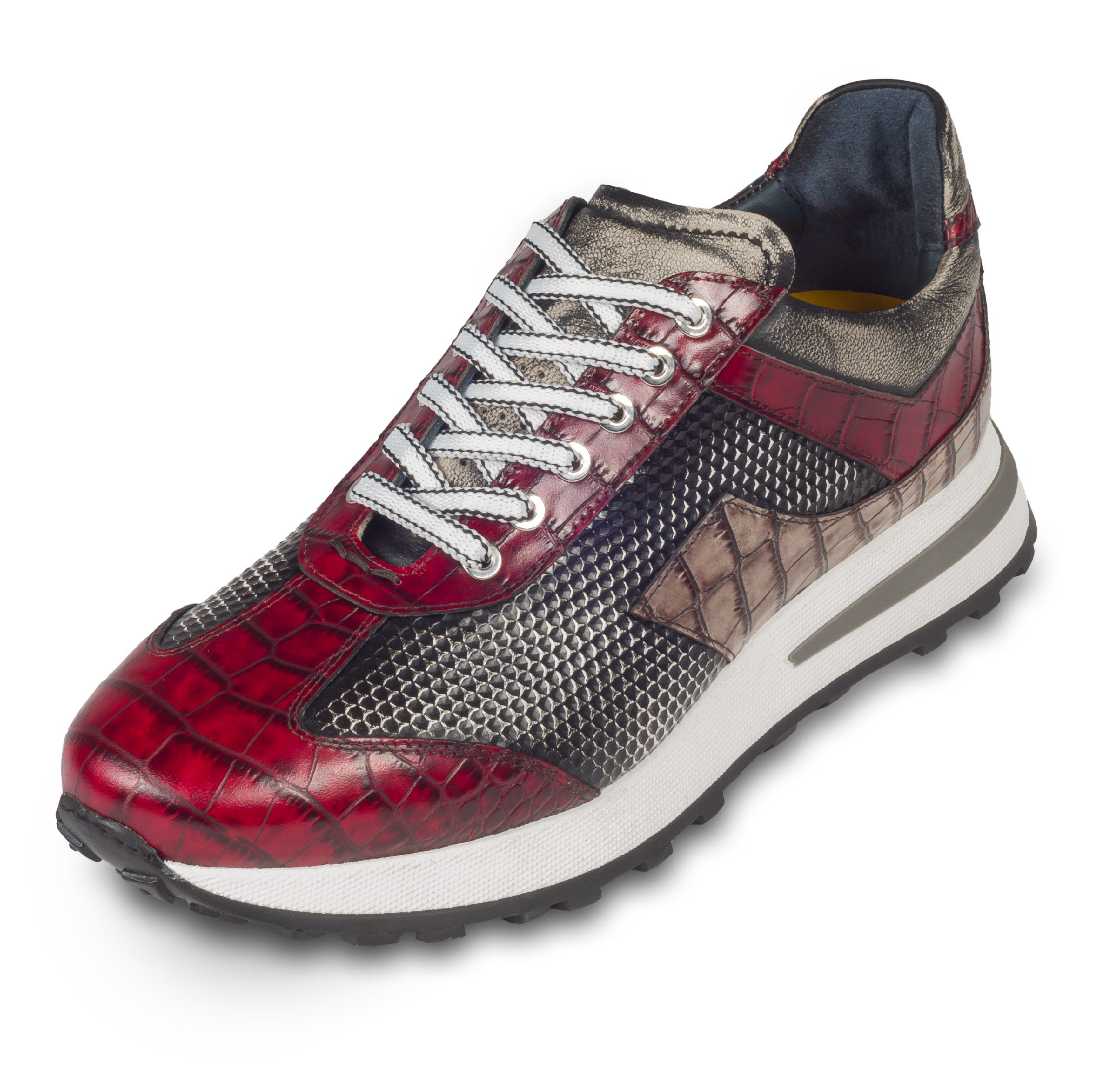 Lorenzi Leder-Sneaker rot mit grau/beige, raffinierte Prägung und Kroko-Optik Sneaker Handgefertigt in Italien