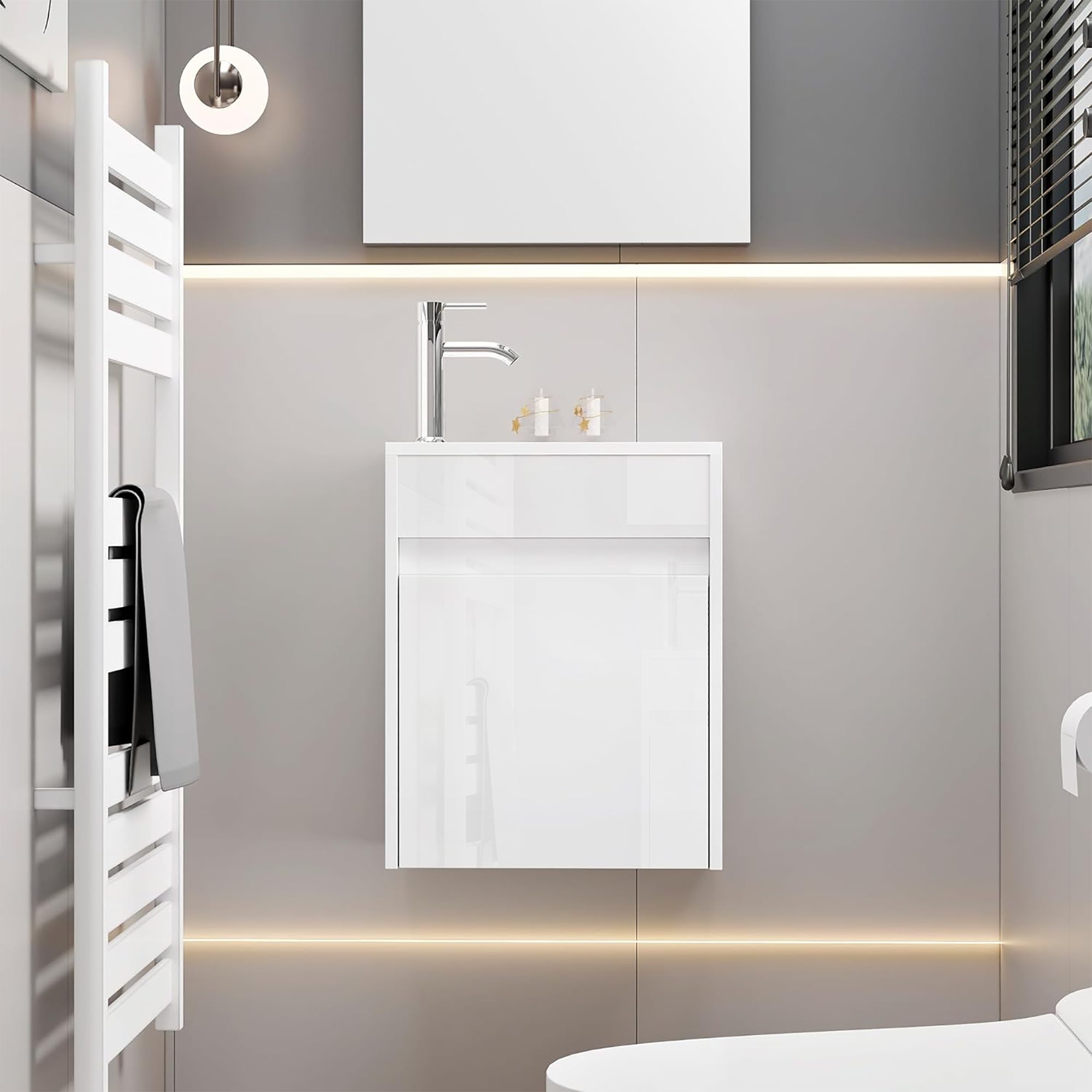UEV Waschtisch Waschbecken klein mit Unterschrank set, Badmöbel Gäste-WC (Waschbecken mit Schrank, Unterschrank mit Harzbecken und Wasserhahn), Breit 40,6cm, Waschtischunterschrank hängend, weiß
