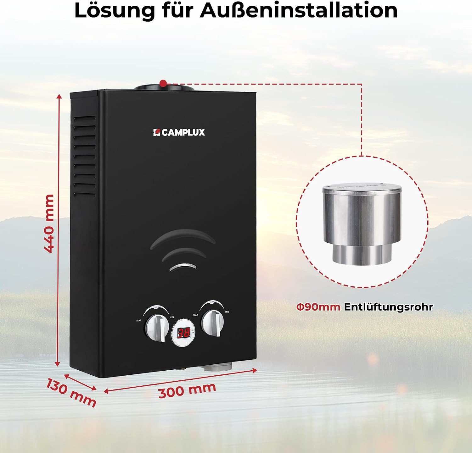 CAMPLUX Durchlauferhitzer Tankless Gasdurchlauferhitzer Campingdusche, min. 20 °C, max. 65 °C, 12 kW LPG Warmwasserbereiter Wasserspeicher Outdoor – Bild 3 von 5