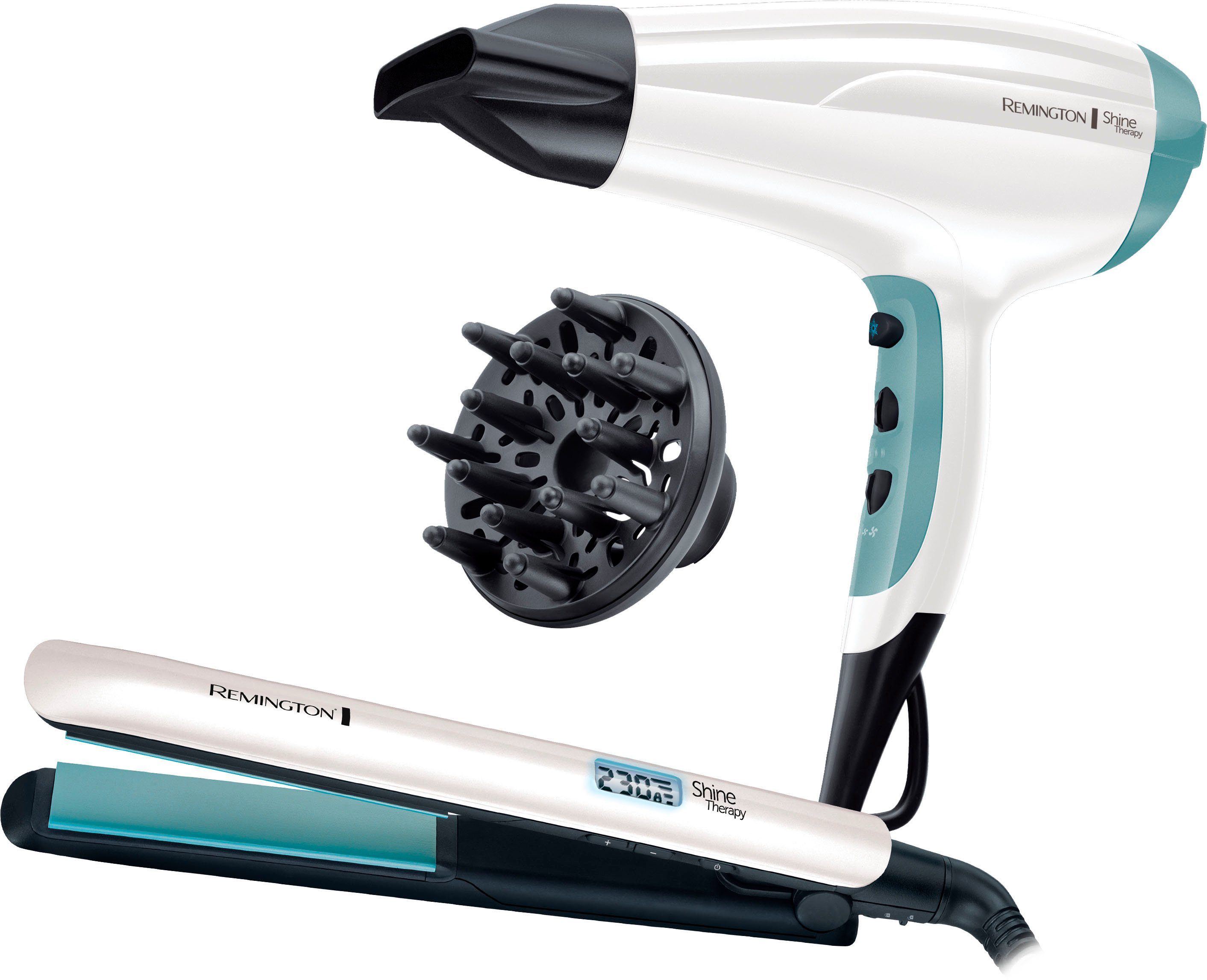 Remington Haartrockner Shine Therapy S8500GP Geschenk-Set, 2300 W, bestehend aus Haarglätter mit Keramikbeschichtung und Haartrockner | Föhn