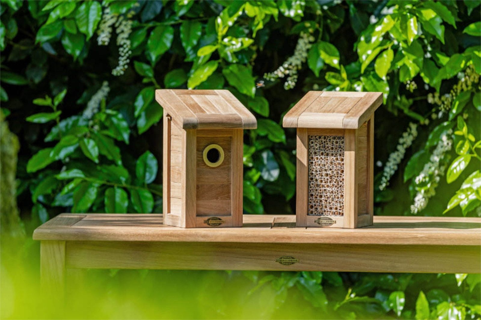 Kai Wiechmann Nistkasten Premium Teak Nistkasten Set für Bienen & Gartenvögel zum Vorteilspreis, unbehandeltes Teakholz und abnehmbare Dächer