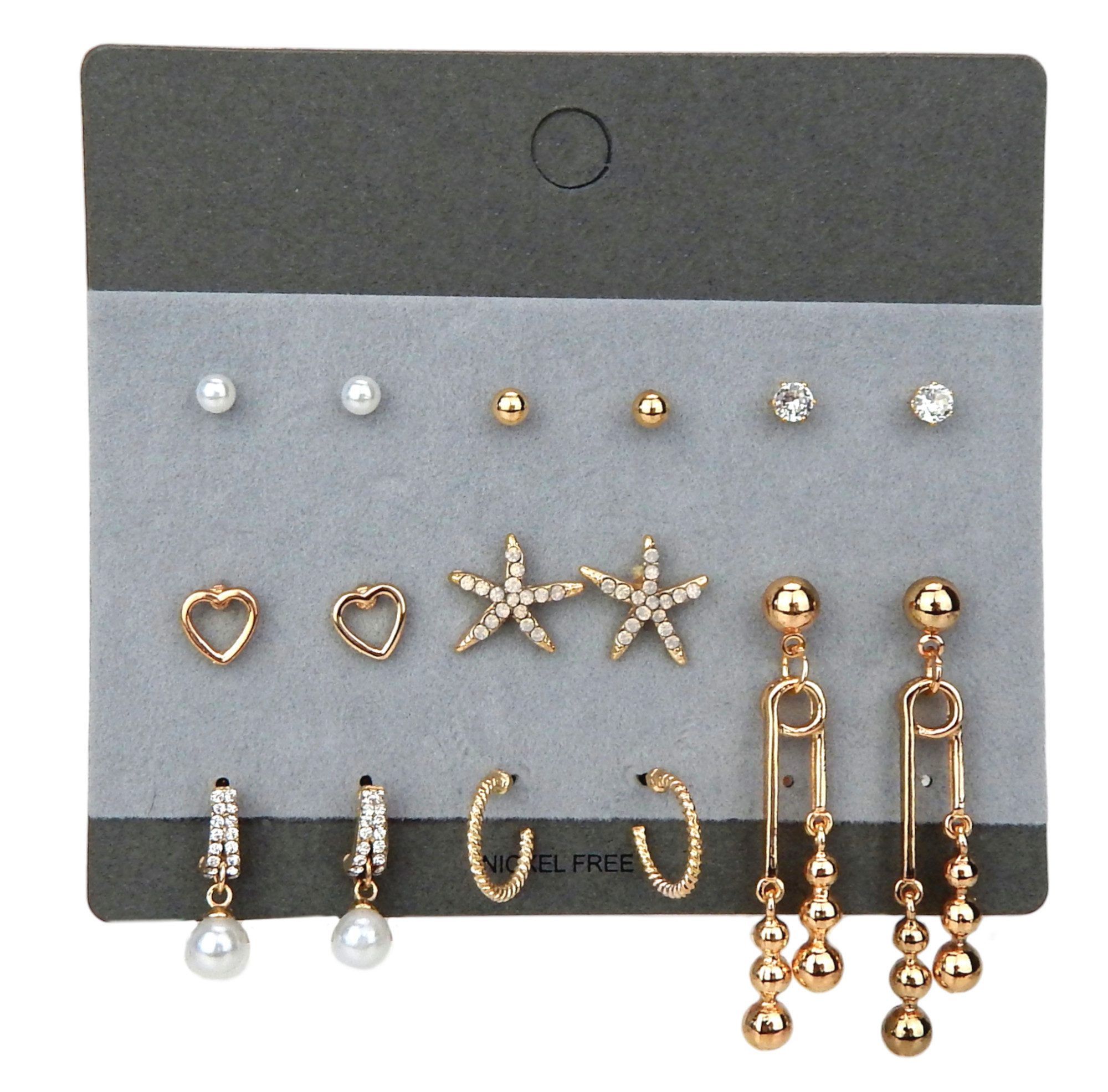 Ella Jonte Ohrstecker-Set, 8 Paar modische Ohrringe & Creolen – Seestern & Herz, Perlen & Strass