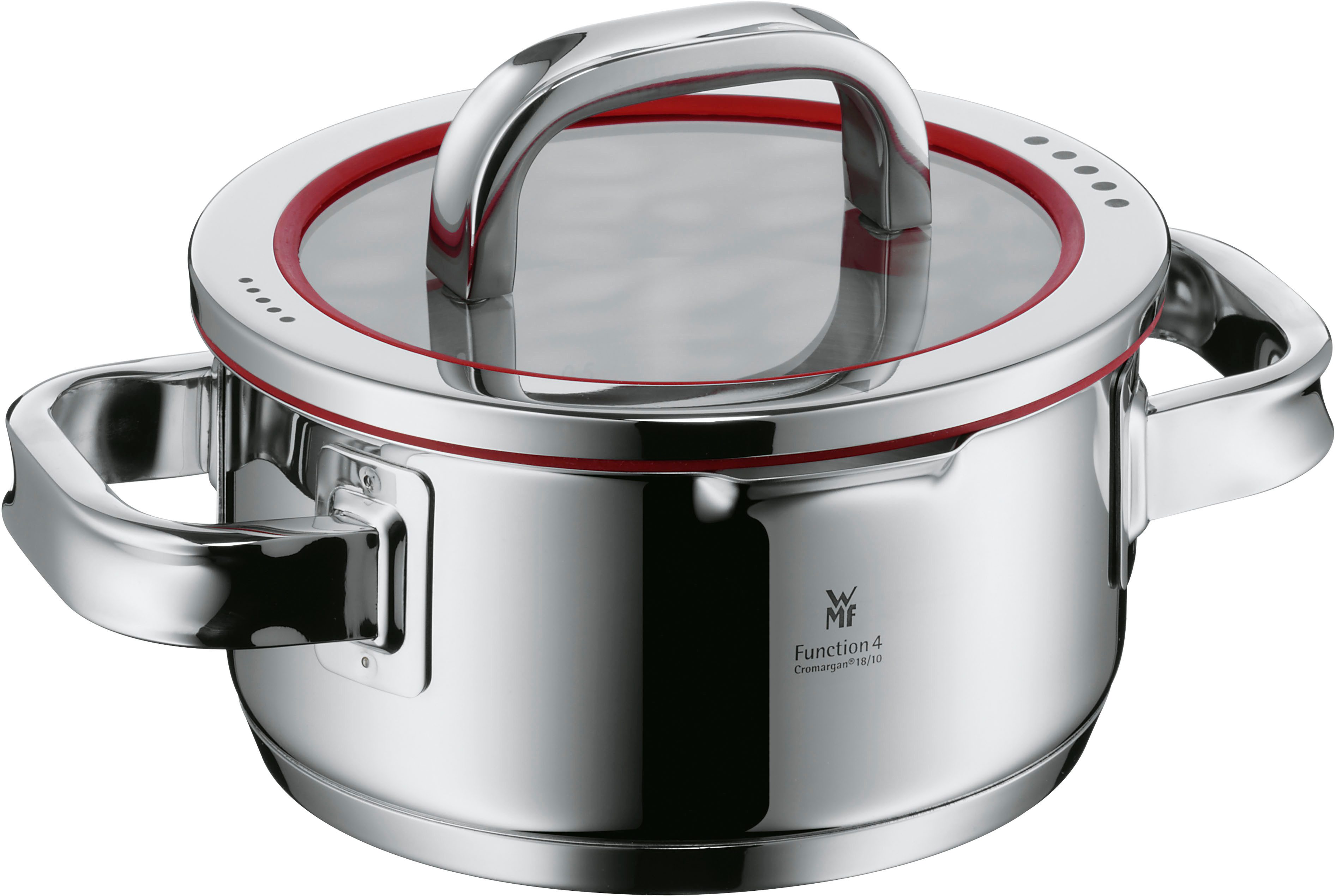WMF Bratentopf Function 4, Cromargan® Edelstahl Rostfrei 18/10 (2-tlg), wärmereduzierende Griffe, mit 4 Abgießfunktionen, Innenskalierung