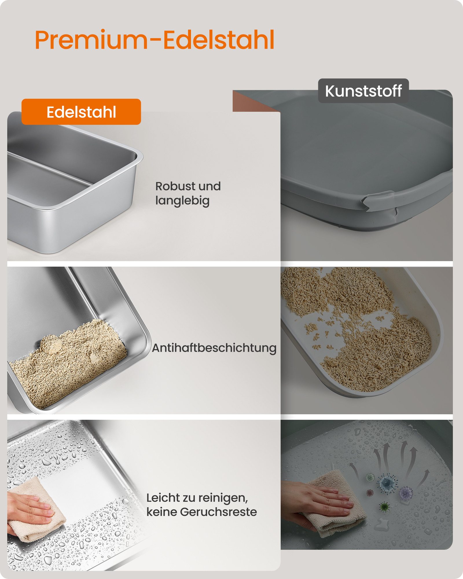 FEANDREA Katzentoilette Edelstahl, mit hohen Seitenwänden, Trittstufe, Schaufel, Bürste, offenes Design, für Katzen bis zu 15 kg, 62 x 42 x 30 cm (L x B x H)