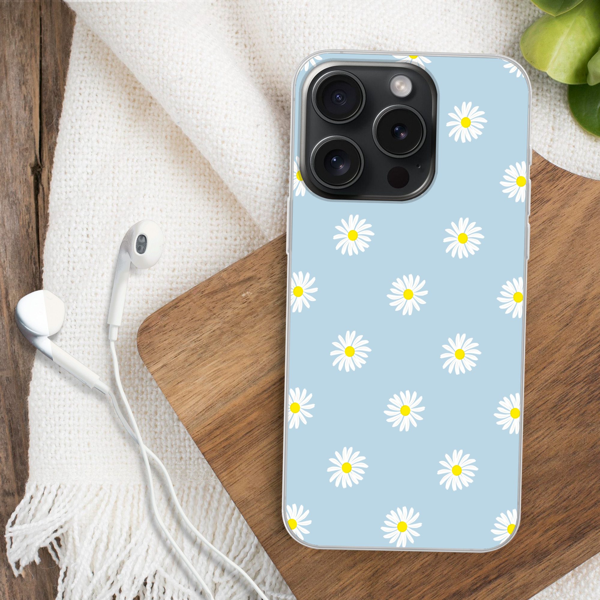 MuchoWow Handyhülle für Apple iPhone 15 Pro Gänseblümchen - Pastell - Weiß - Blau - Blumen, Smartphone-Bumper, Print, Handy Schutzhülle Dünn
