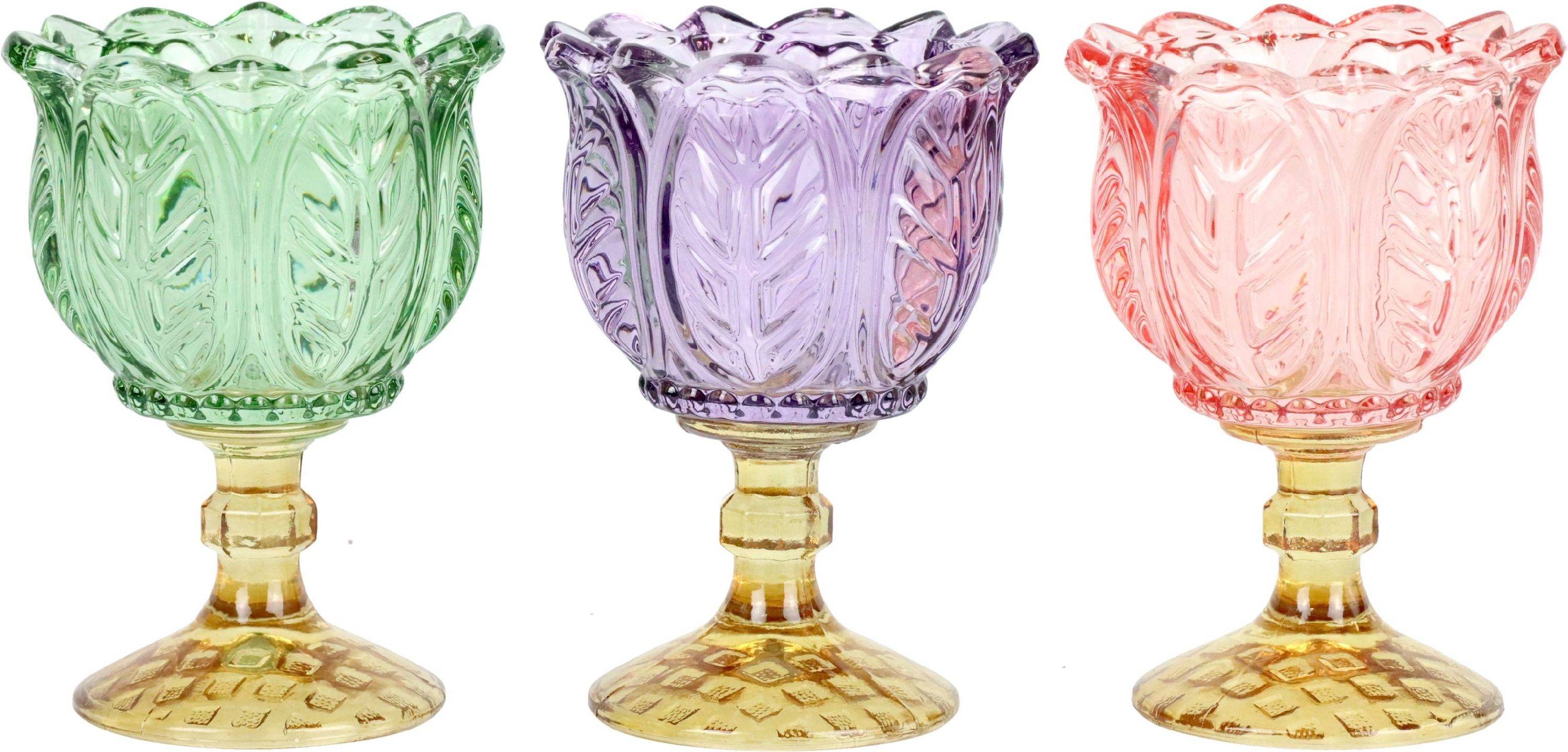 FURNARO Teelichthalter (3-tlg), Windlichter in Lila, Grün & Rosa aus Glas ca. 11cm